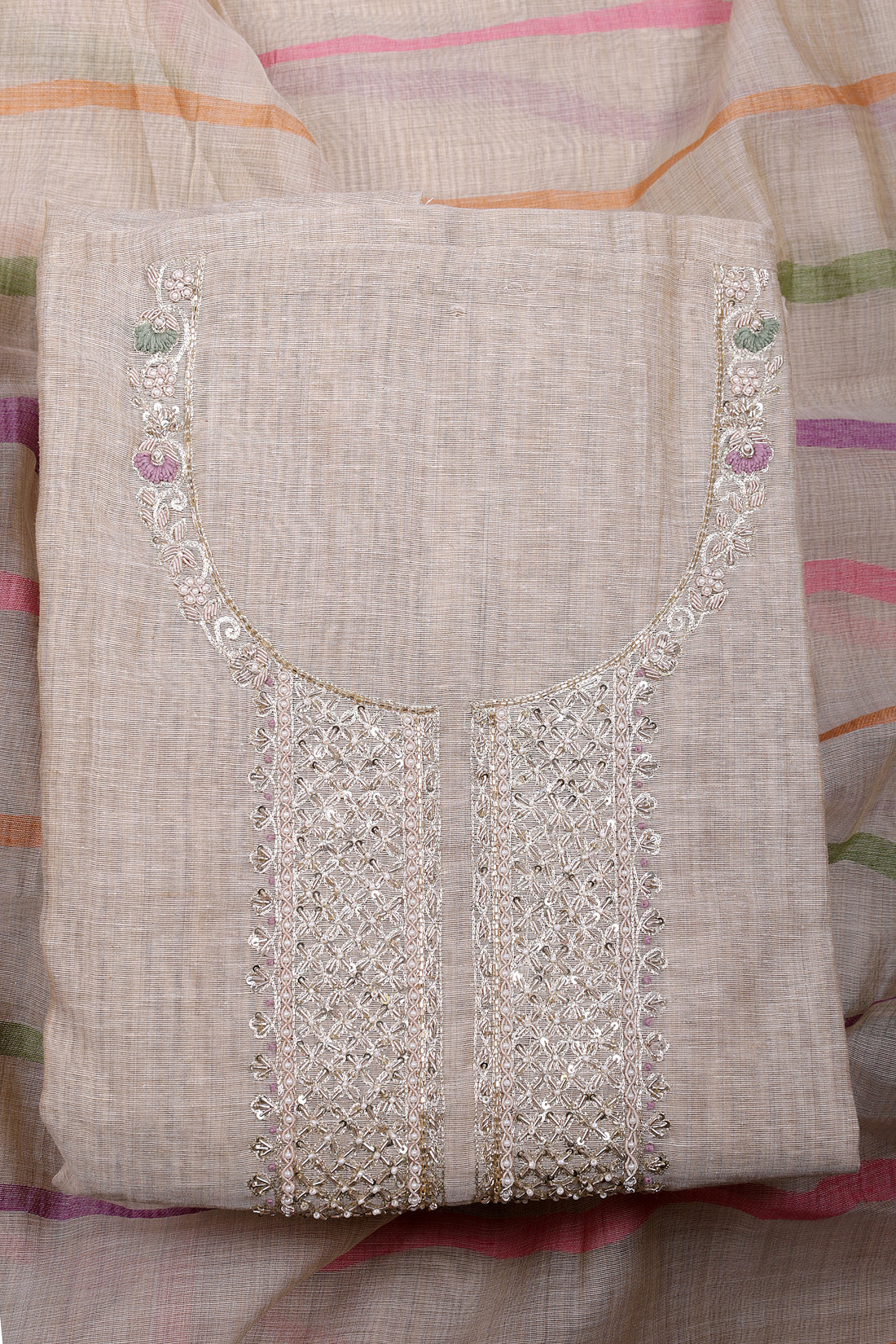 Elegant Beige Jamdani Suit Set with Zardozi & Pearl Handwork
