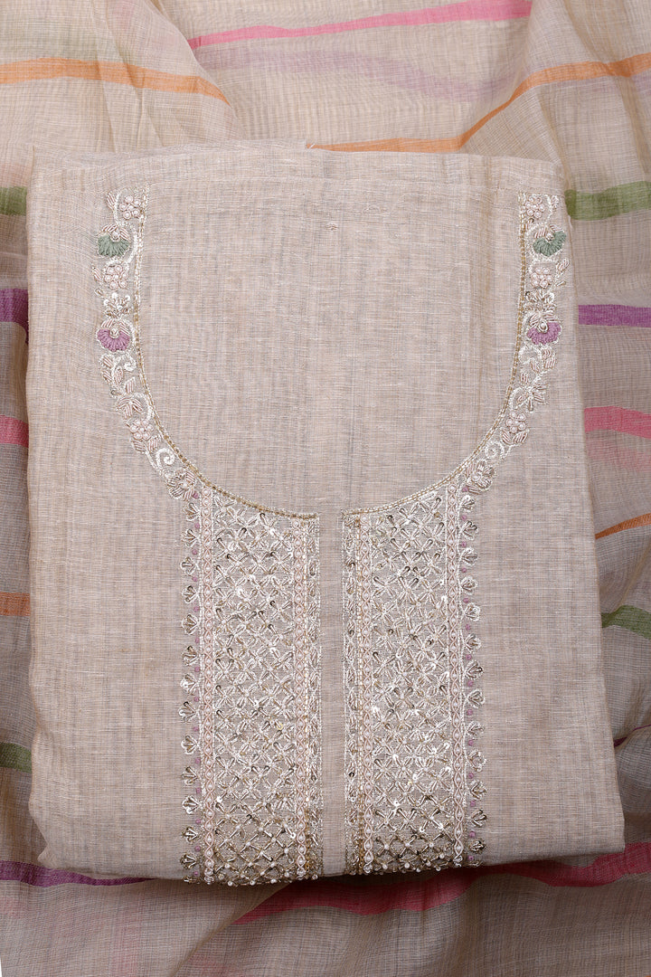 Elegant Beige Jamdani Suit Set with Zardozi & Pearl Handwork