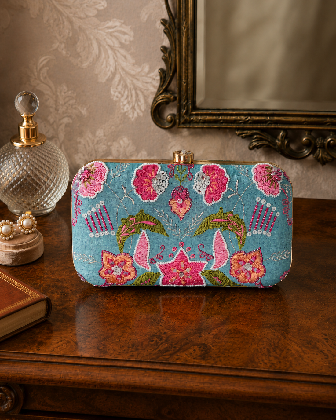 Blue Floral Embroidered Clutch