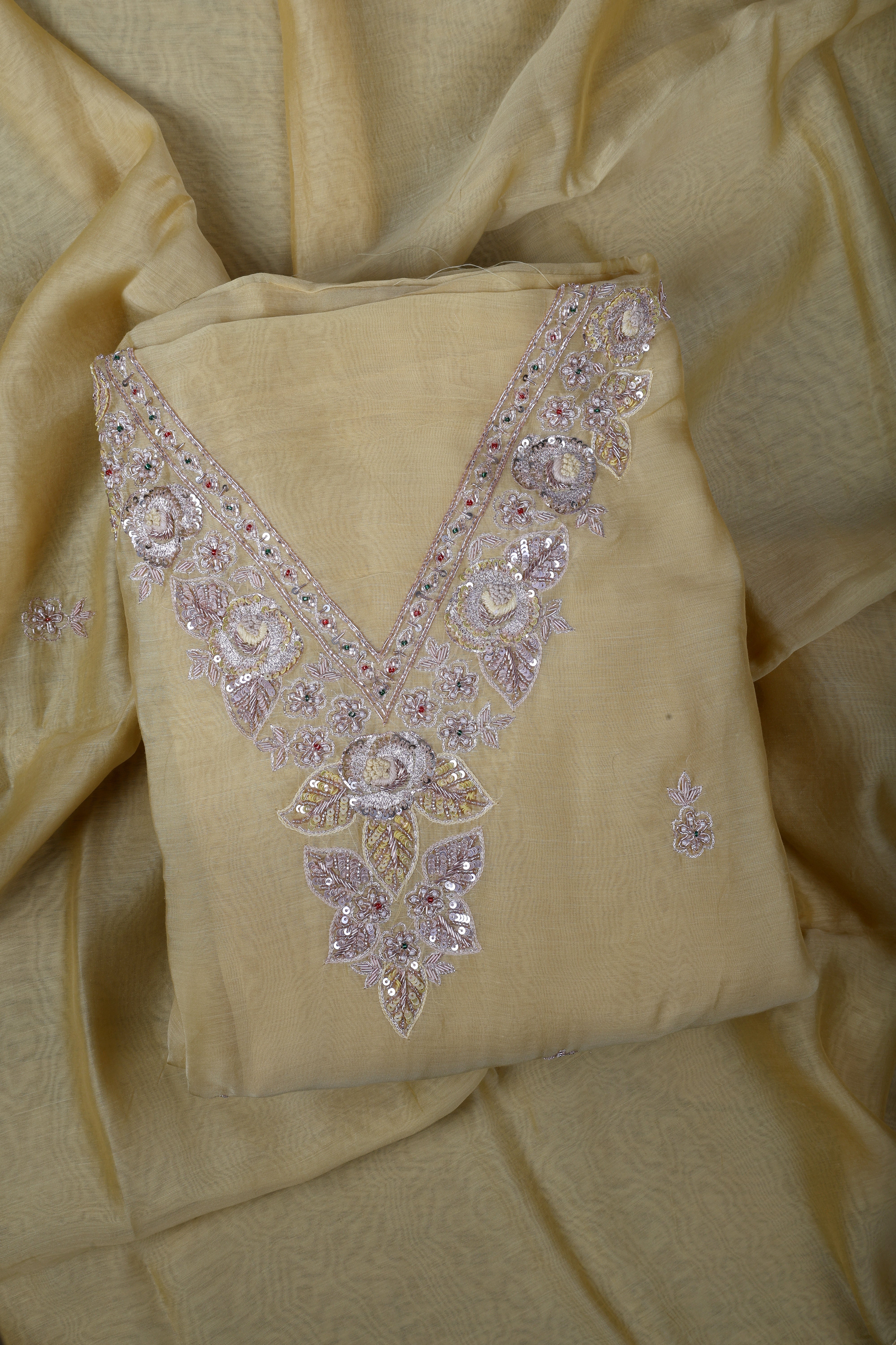 Butter Yellow Chanderi Silk Suit Set with Zardozi & Pearl Work