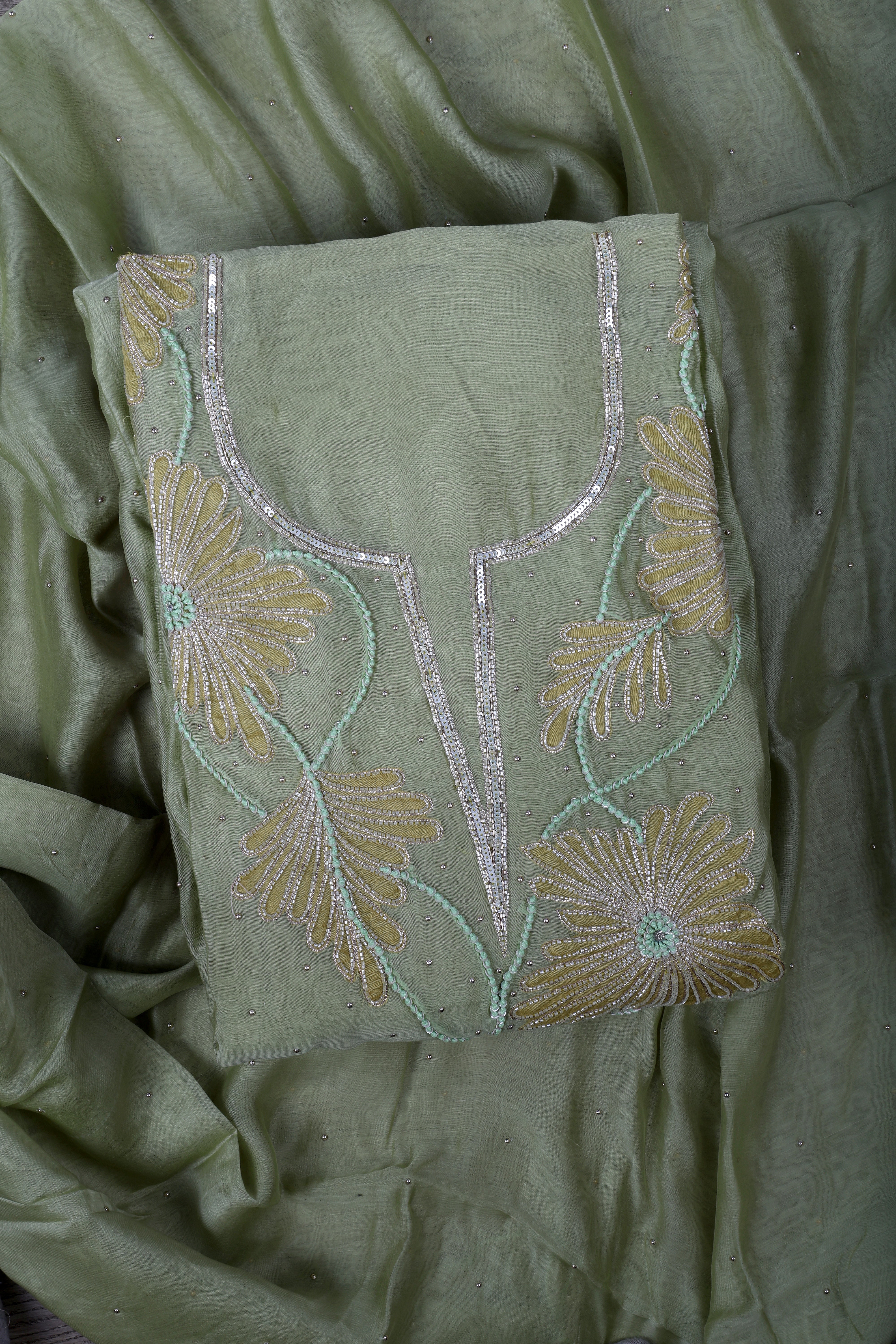 Elegant Sage Green Chanderi Silk Suit Set with Pearl & Katdana Work