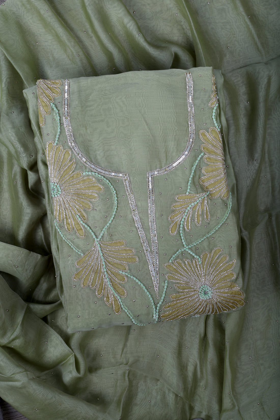 Elegant Sage Green Chanderi Silk Suit Set with Pearl & Katdana Work