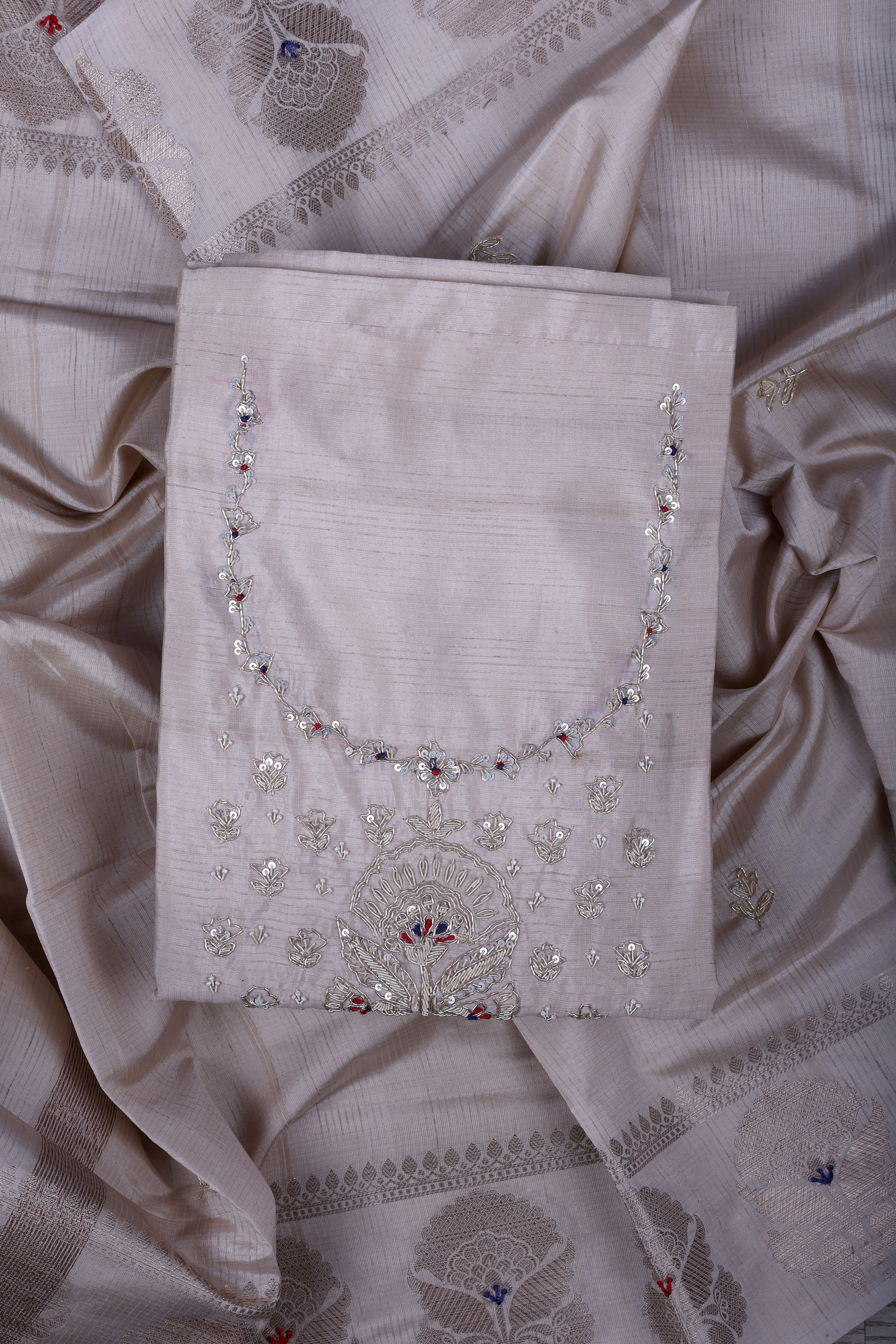 Elegant Beige Maheshwari Silk Suit Set with Zardozi & Pearl Handwork