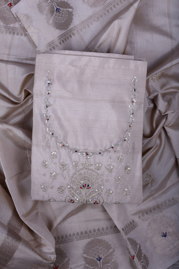 Elegant Beige Maheshwari Silk Suit Set with Zardozi & Pearl Handwork