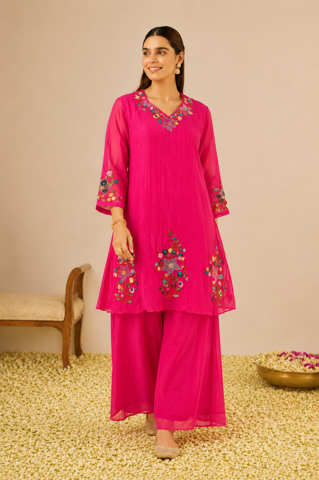 Fuchsia Bloom Hand-Embroidered Mul Chanderi Co-Ord Set