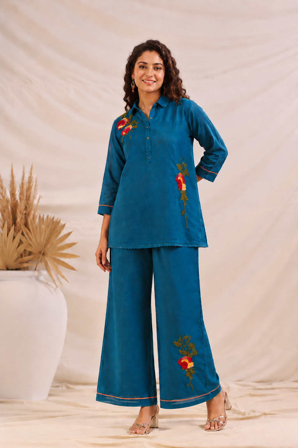 Azure Blossom Mul Chanderi Co-Ord Set