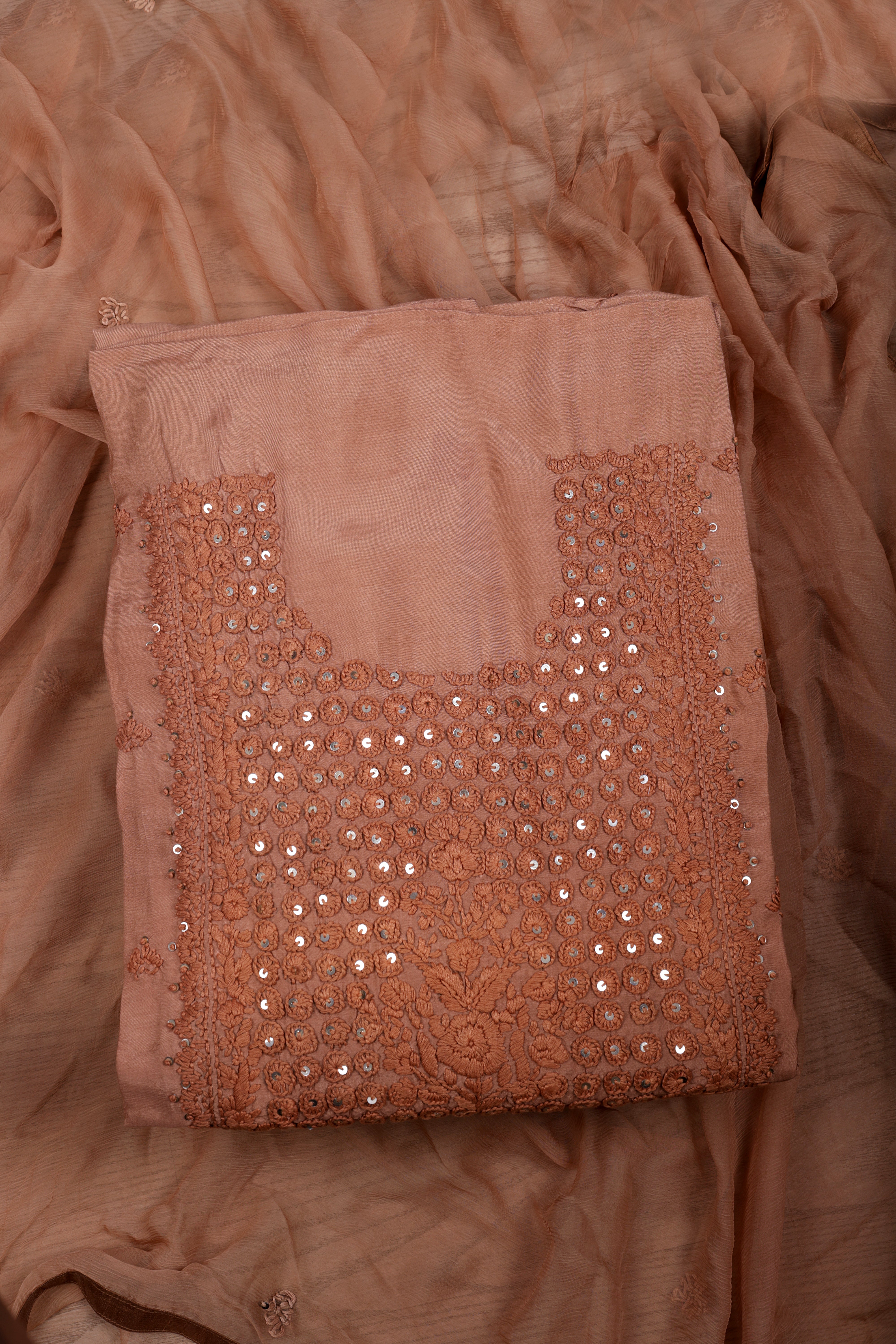 Elegant Mocha Brown Mul Suit Set with Lucknowi Thread Work