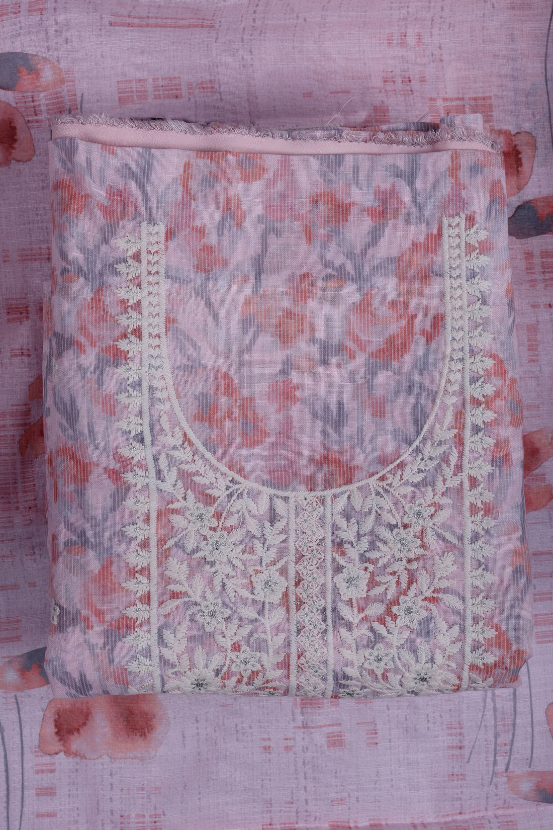 Pastel Pink Linen Digital Print Suit Set with Thread Embroidery