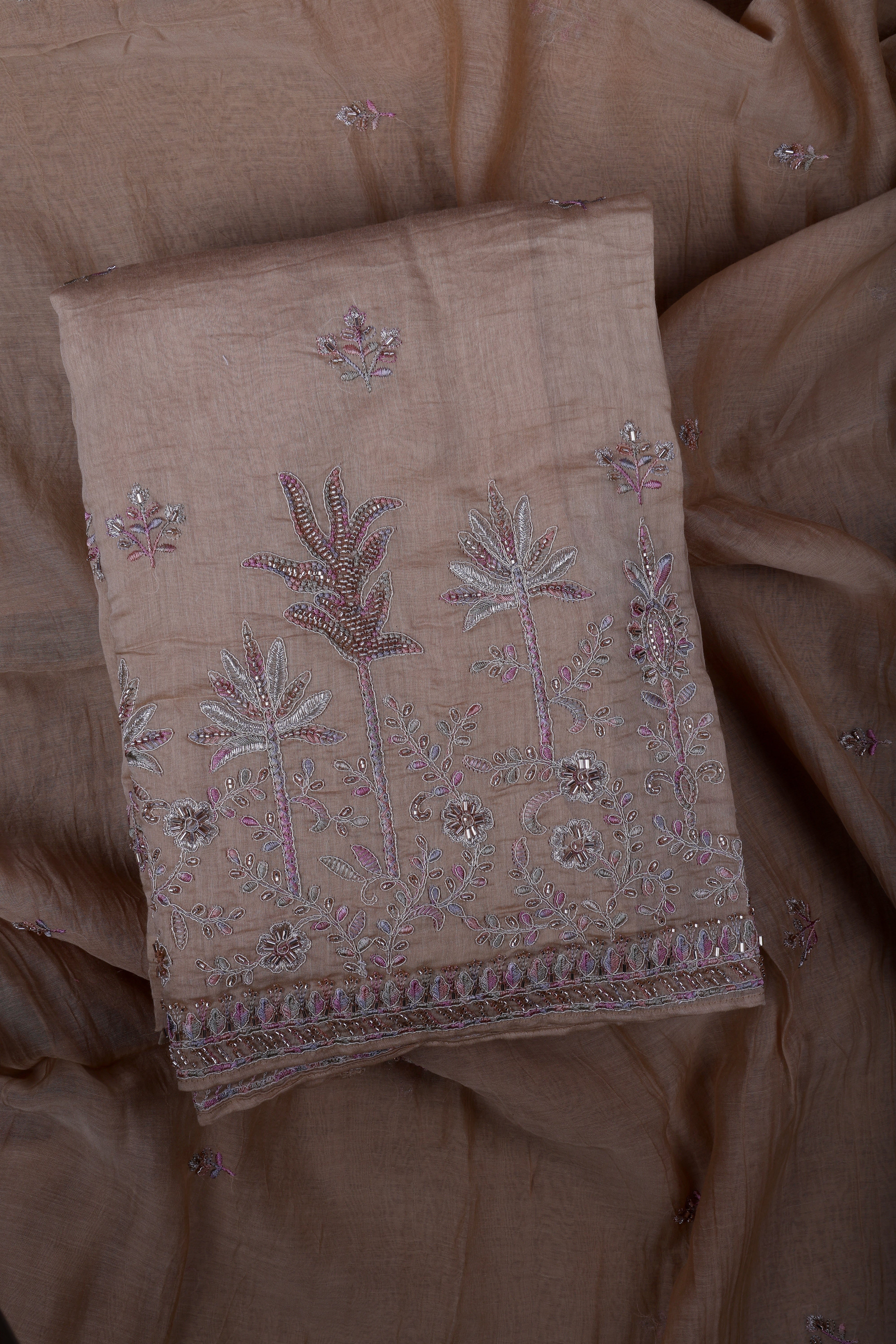 Champagne Beige Chanderi Silk Suit Set with Jardoji Handwork