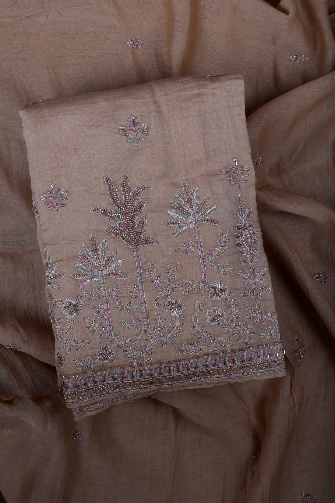 Champagne Beige Chanderi Silk Suit Set with Jardoji Handwork