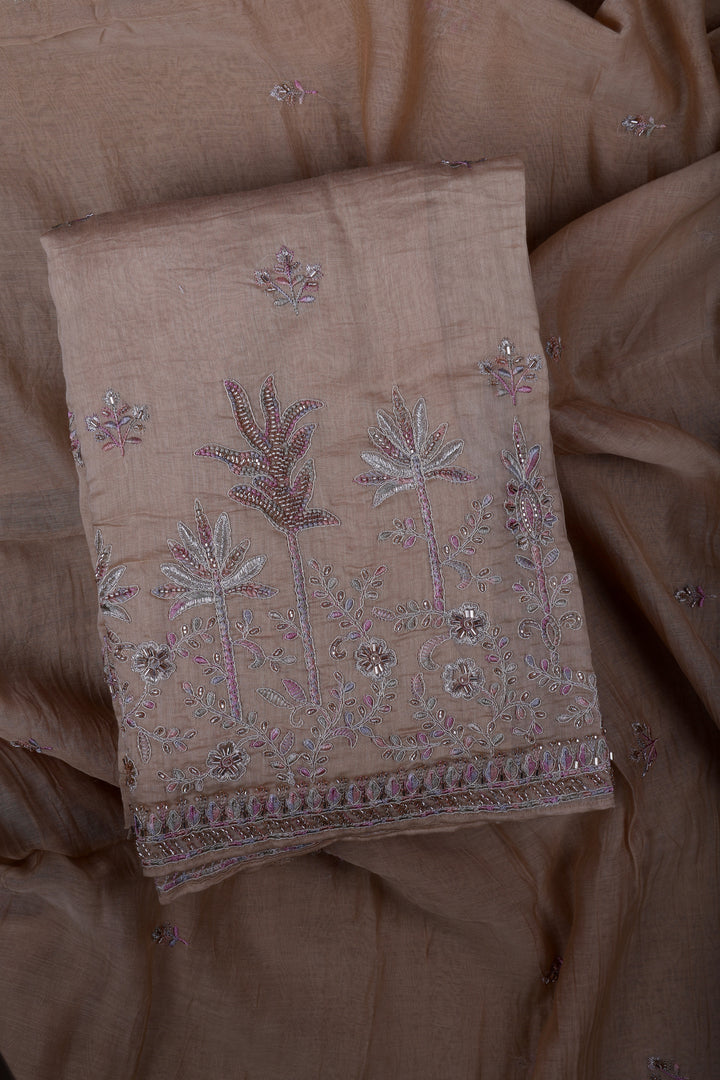 Champagne Beige Chanderi Silk Suit Set with Jardoji Handwork