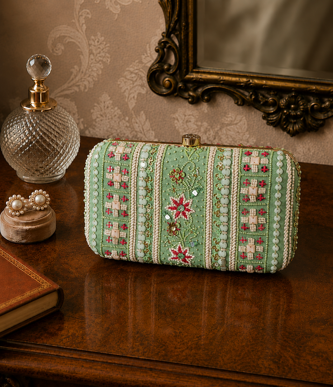 Sage Green Embroidered Clutch