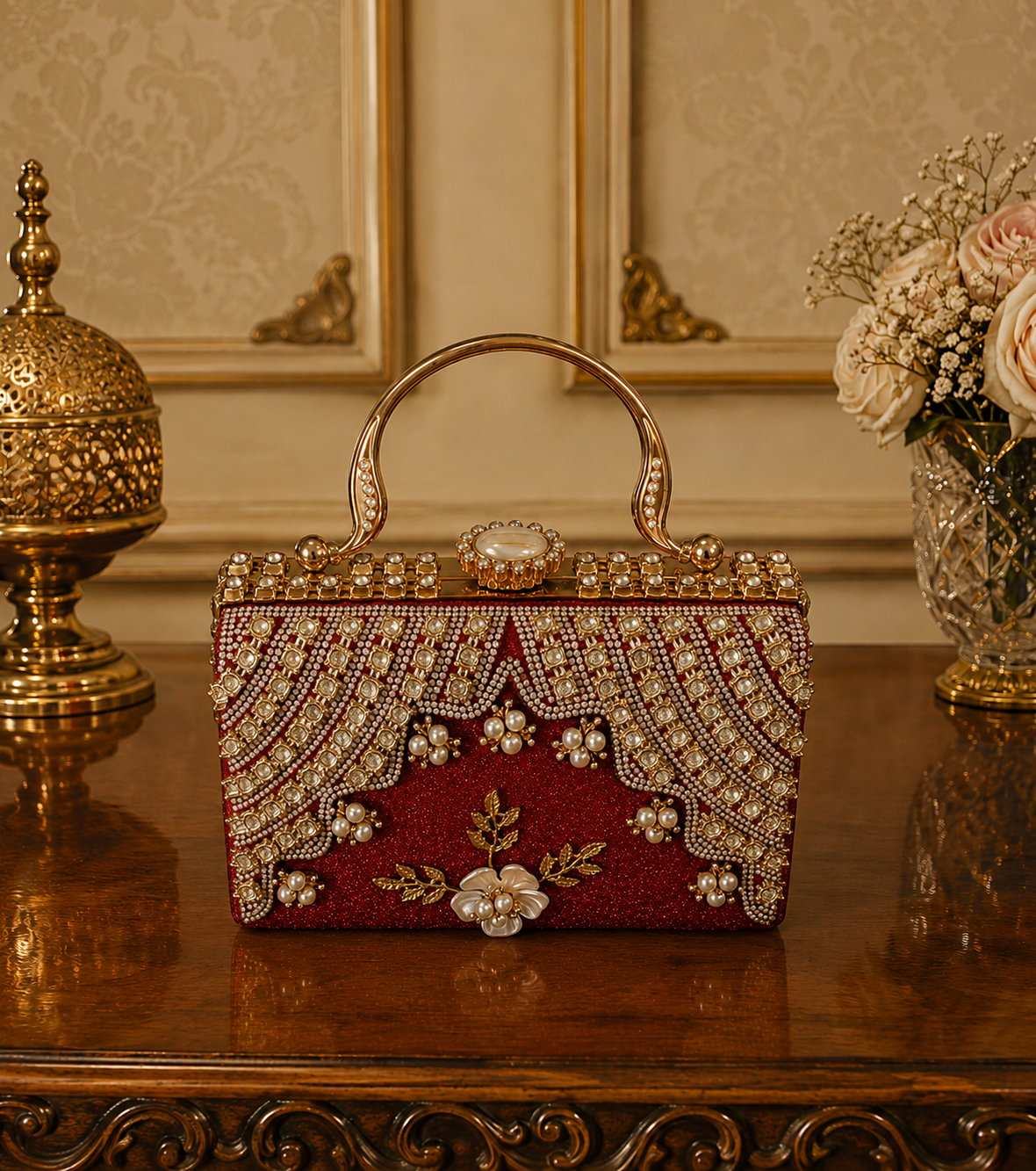 Royal Ruby Pearl Embellished Clutch