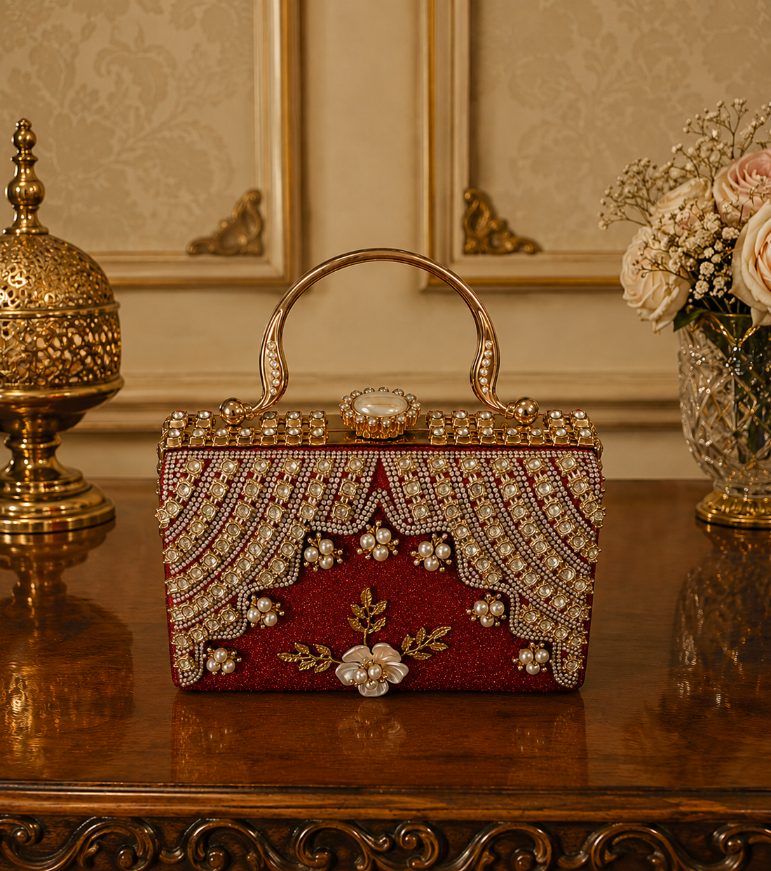 Royal Ruby Pearl Embellished Clutch