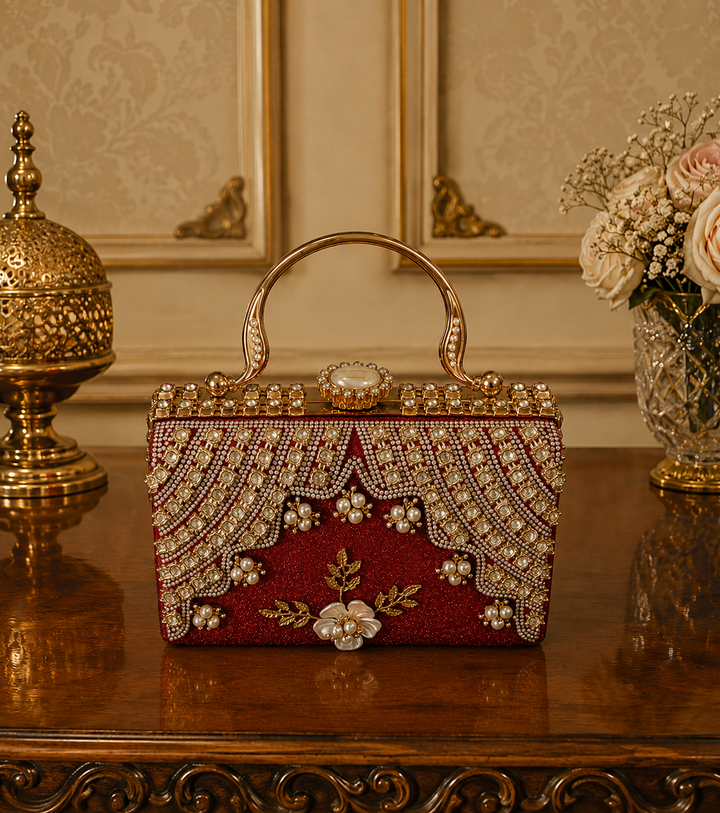 Royal Ruby Pearl Embellished Clutch