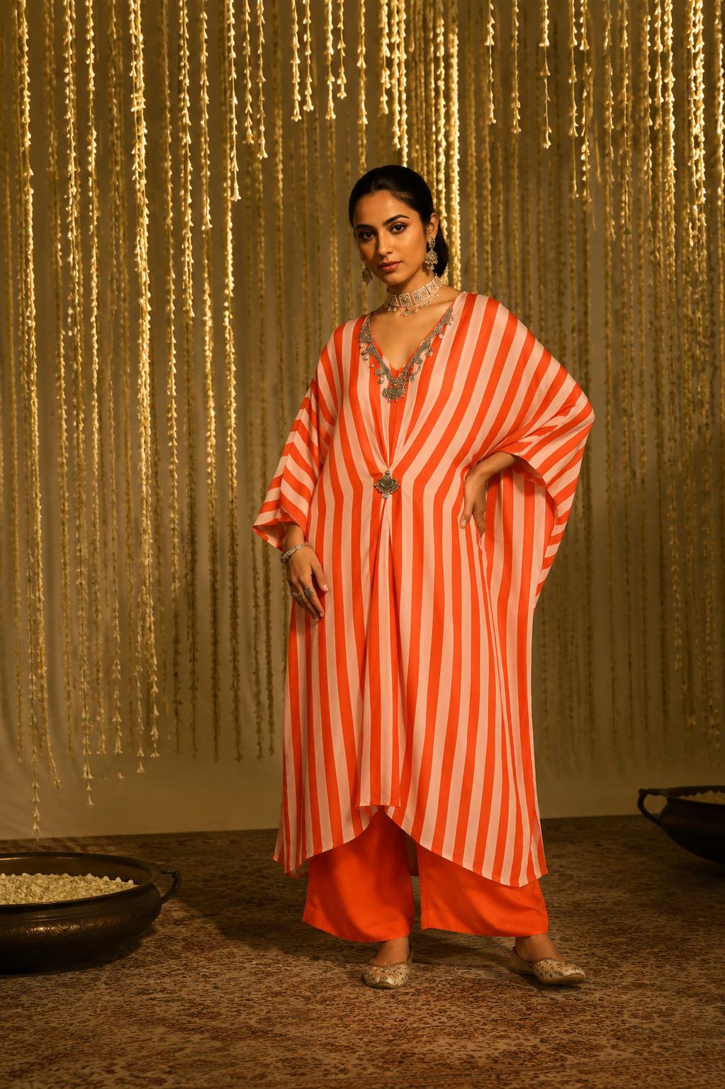 Coral Stripe Statement Kaftan Set