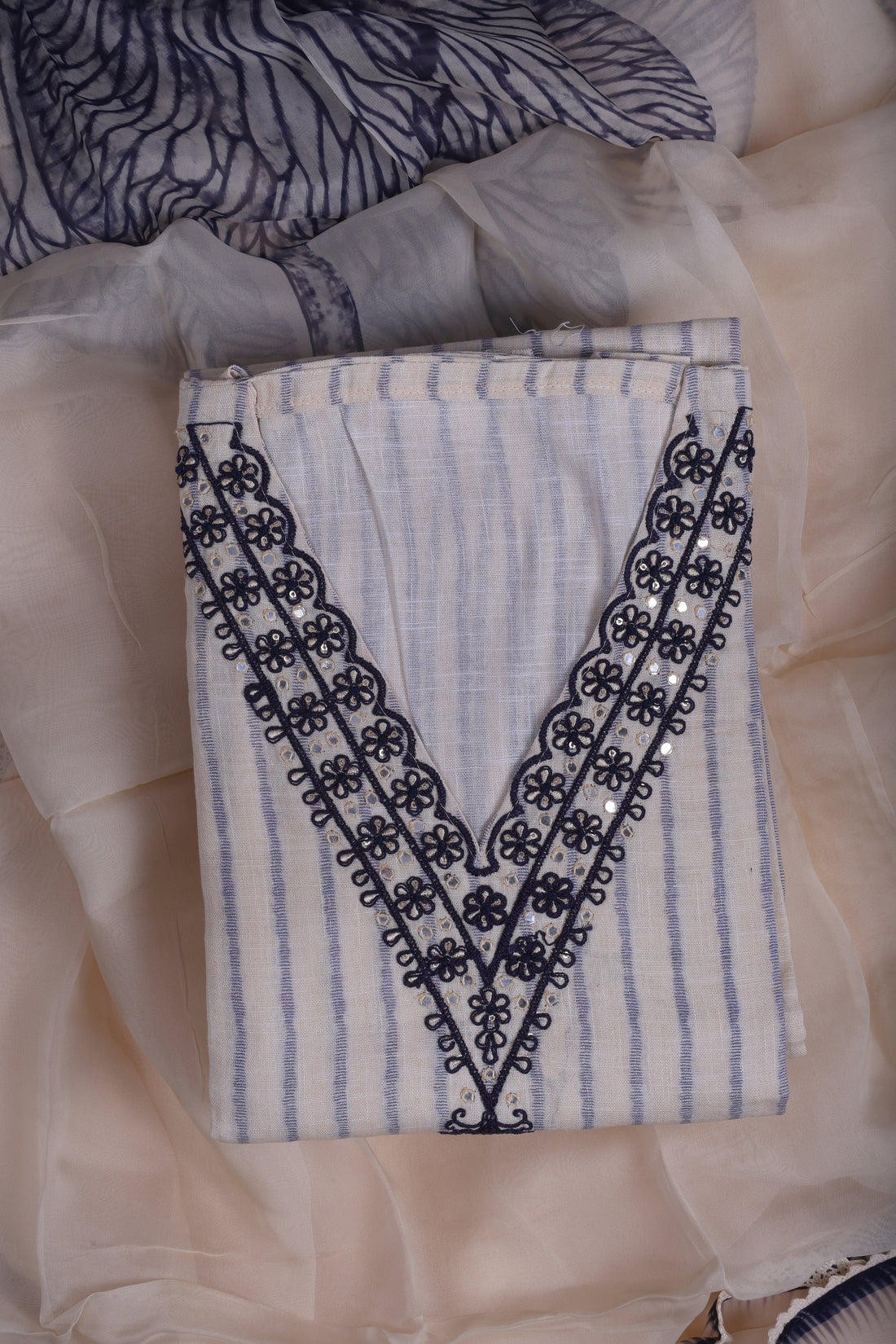 Elegant Ivory Linen Suit Set with Thread & Mirror Work