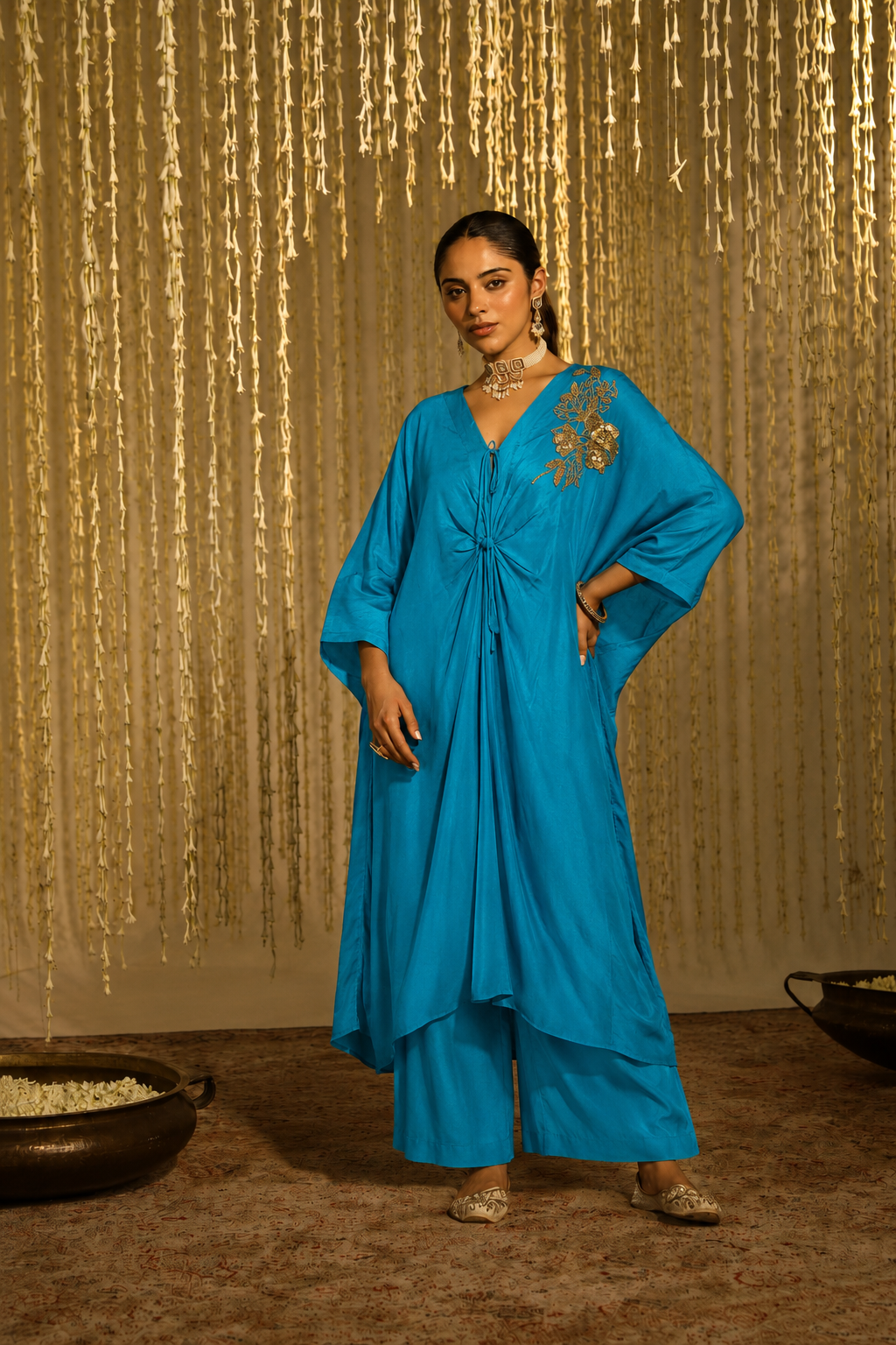 Turquoise Satin Embroidered Kaftan Set