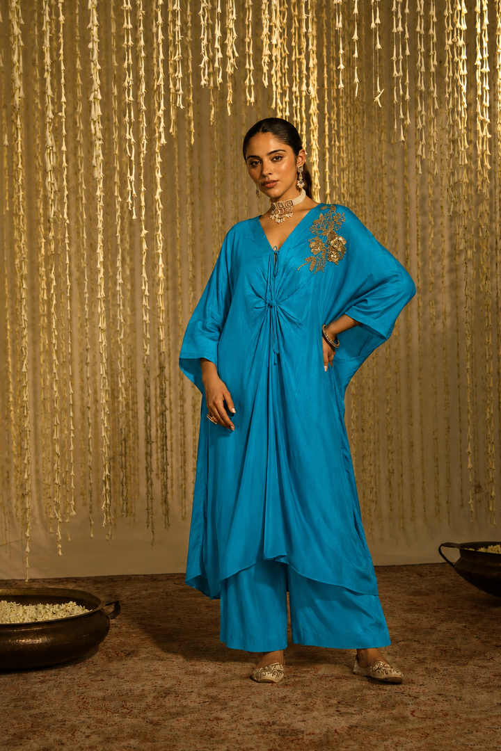 Turquoise Satin Embroidered Kaftan Set