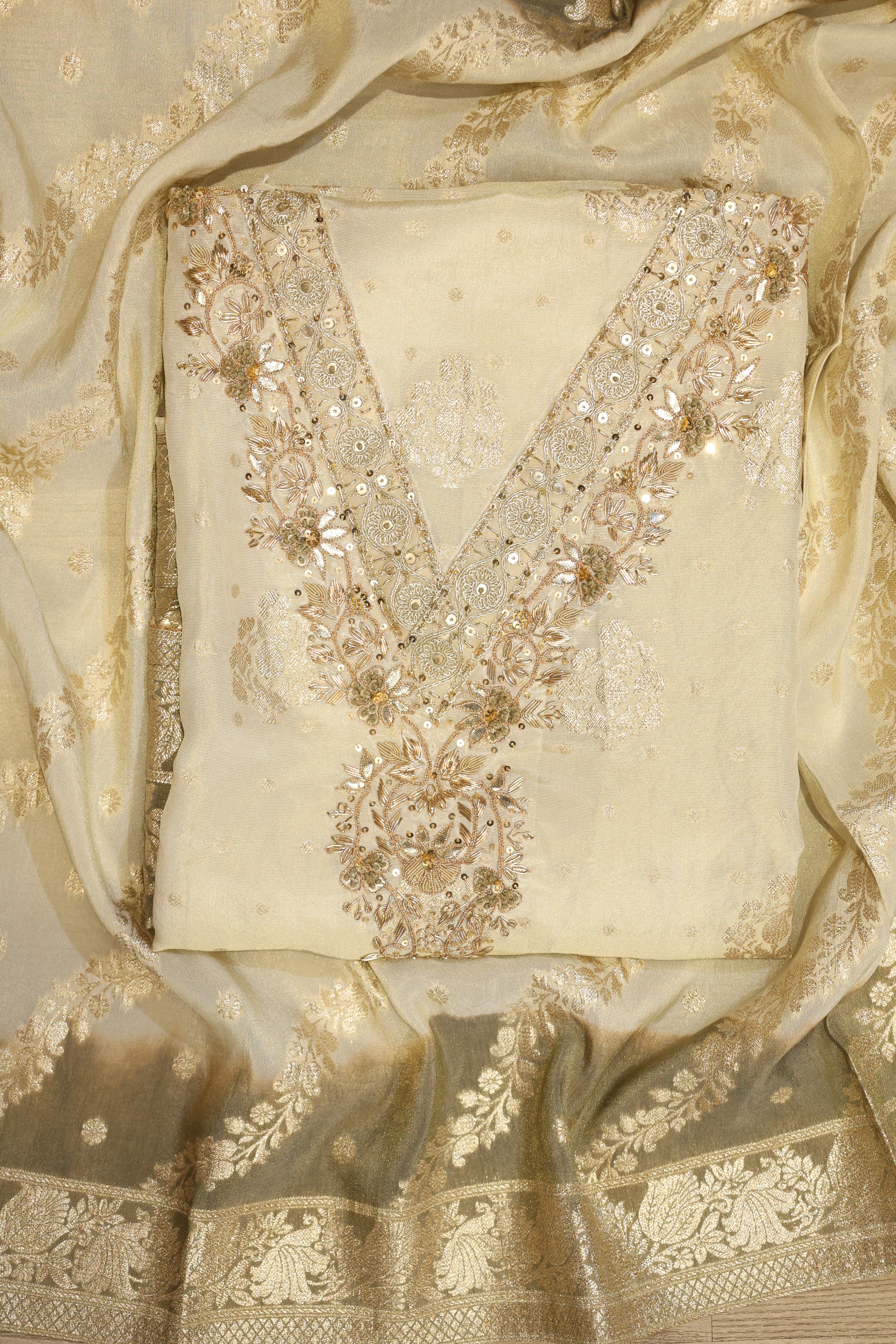 Ivory Banarasi Tissue Suit Set with Zardozi Work