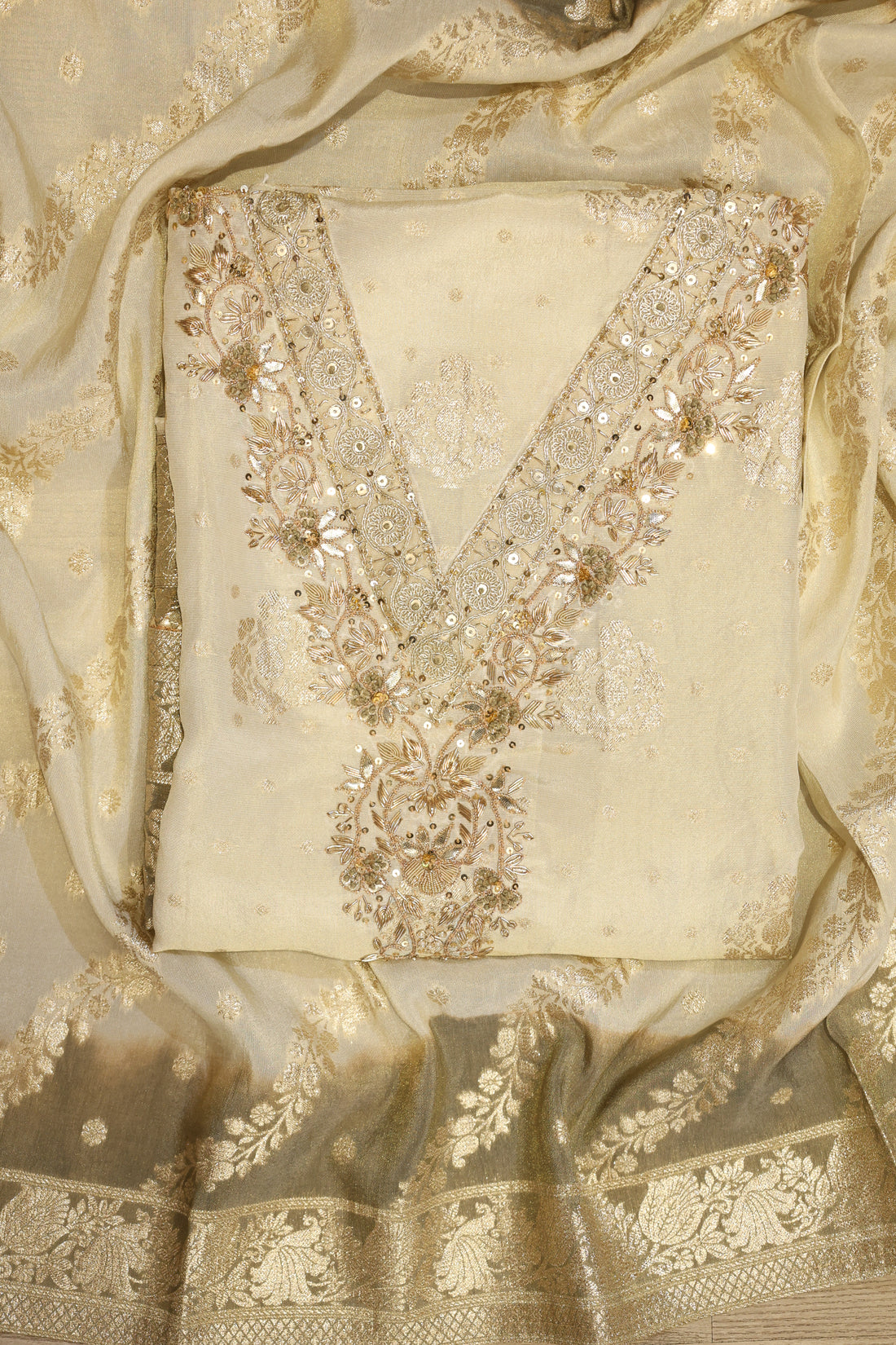 Ivory Banarasi Tissue Suit Set with Zardozi Work