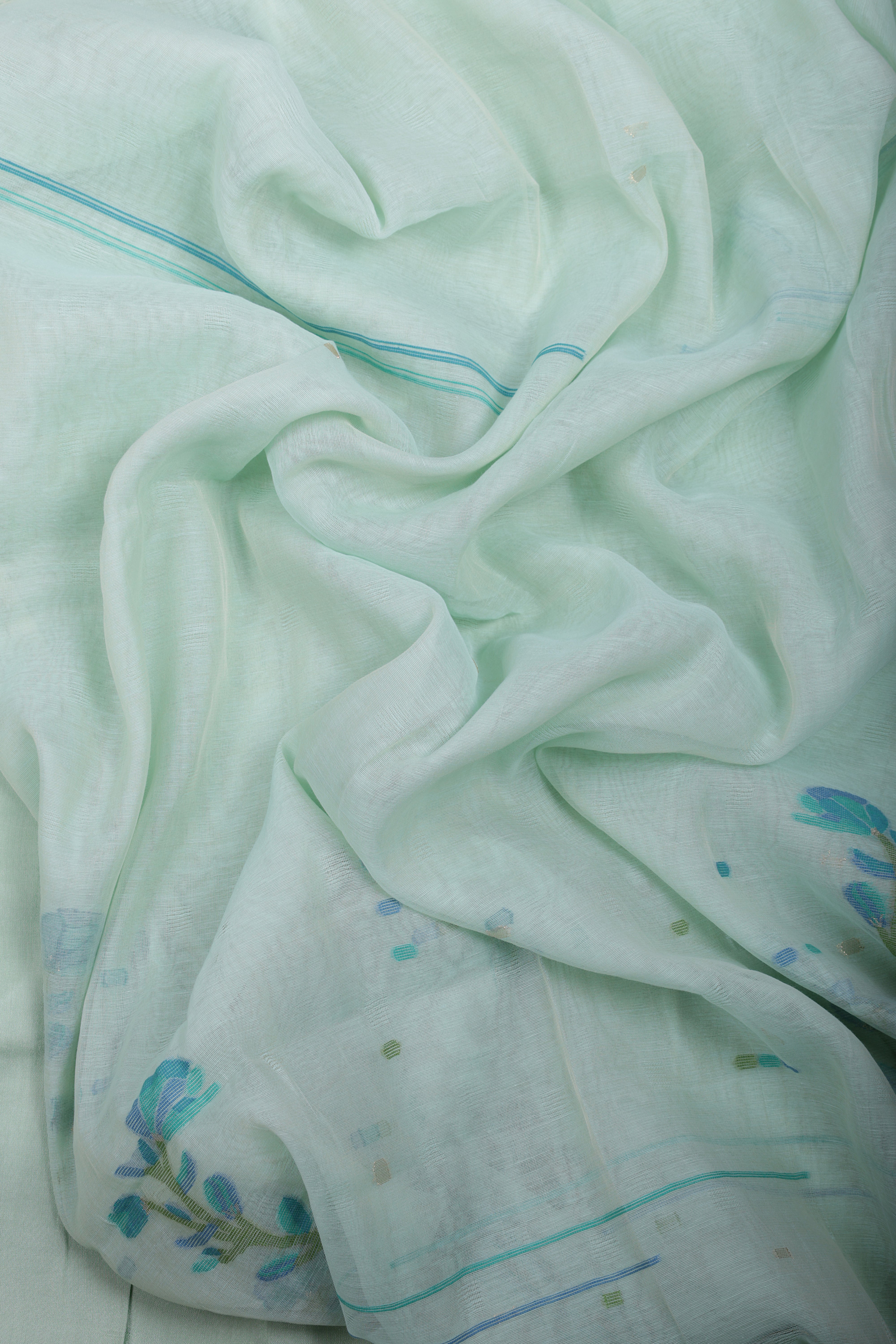 Pastel Mint Linen Suit Set with Hand Embroidery Katha Work