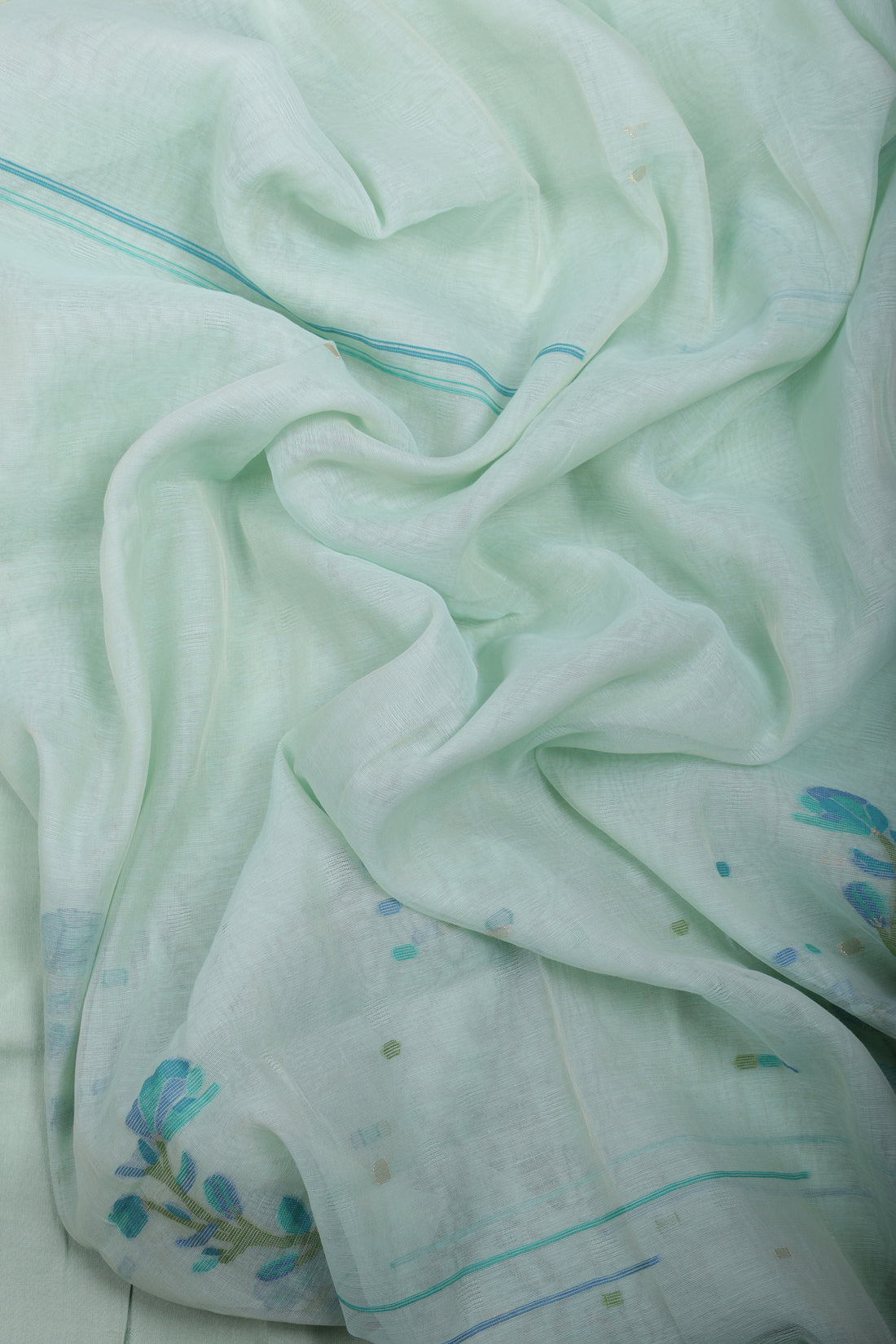 Pastel Mint Linen Suit Set with Hand Embroidery Katha Work