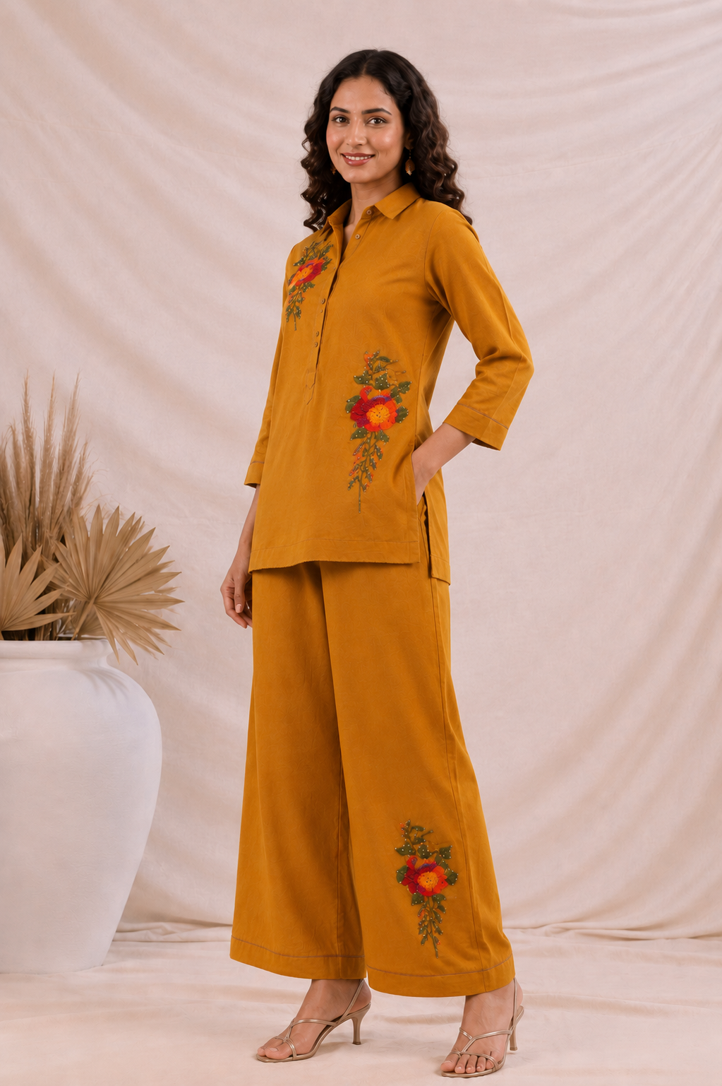 Mustard Bloom Mul Chanderi Co-Ord Set