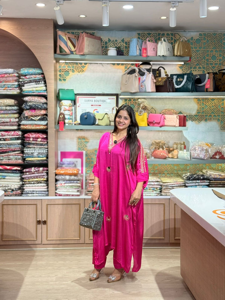 Fuchsia Noor Mirror Work Kaftan Set