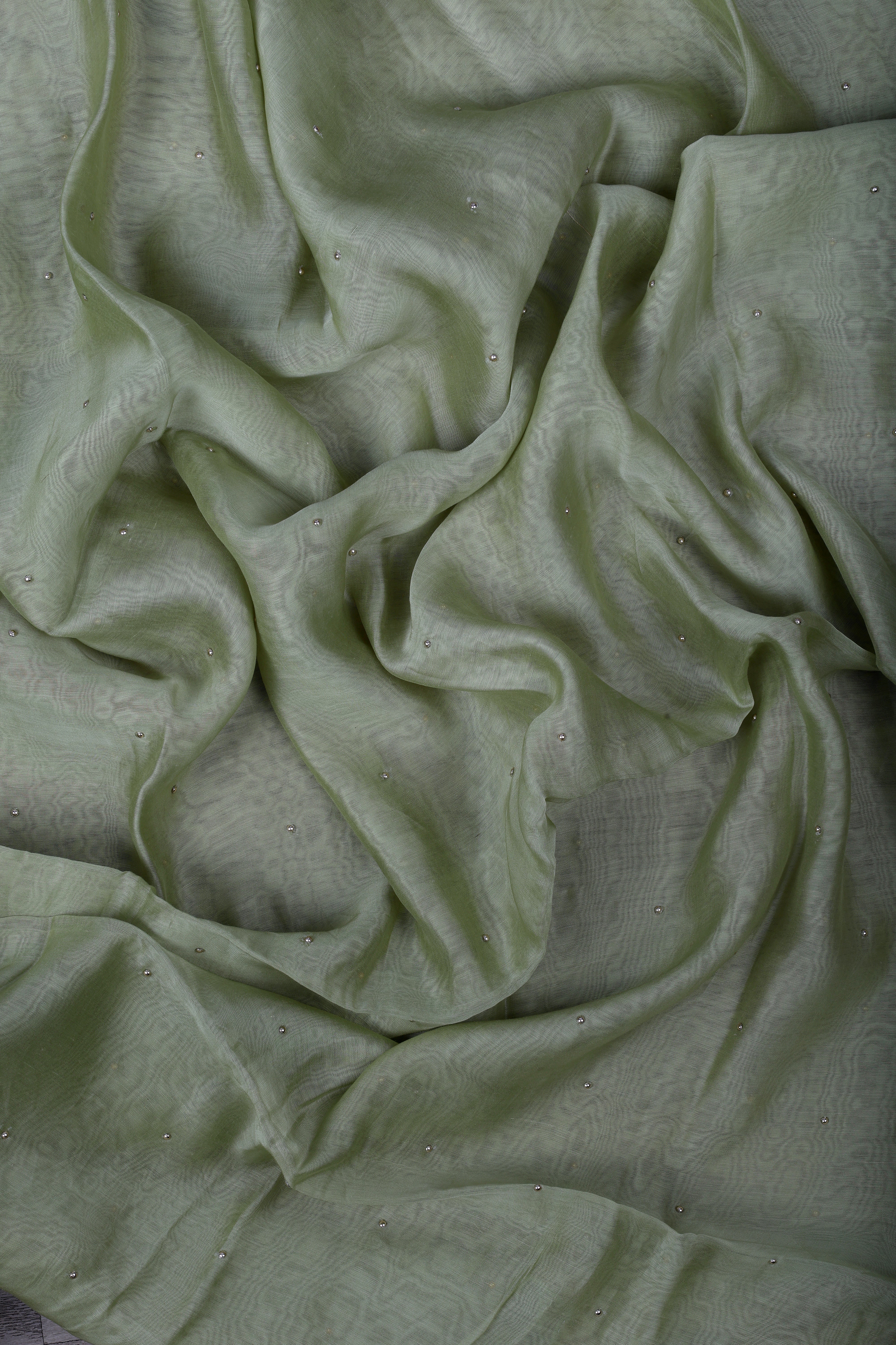 Elegant Sage Green Chanderi Silk Suit Set with Pearl & Katdana Work