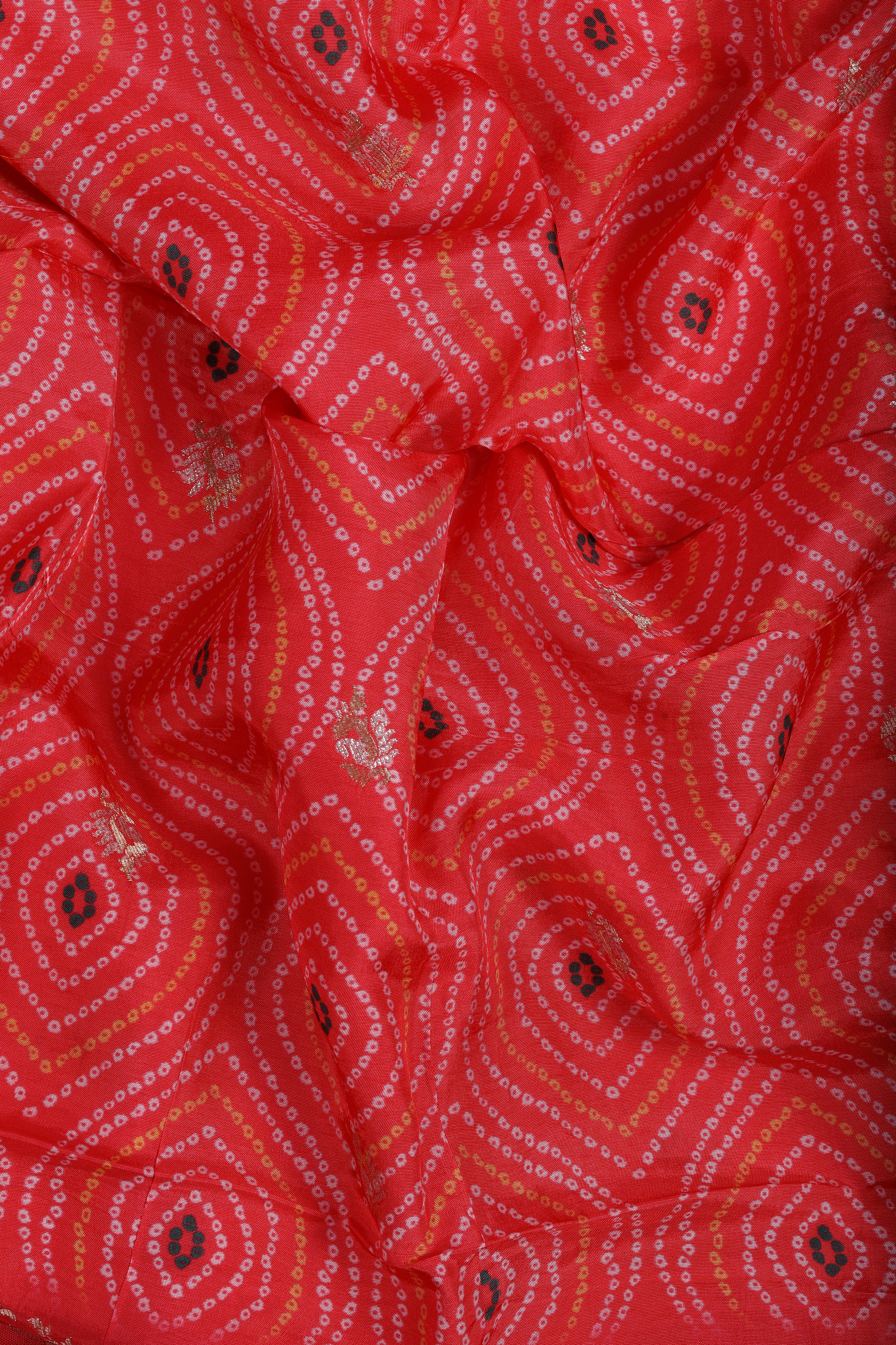 Coral Red Crepe Suit Set with Zari Work & Zari Border Dupatta