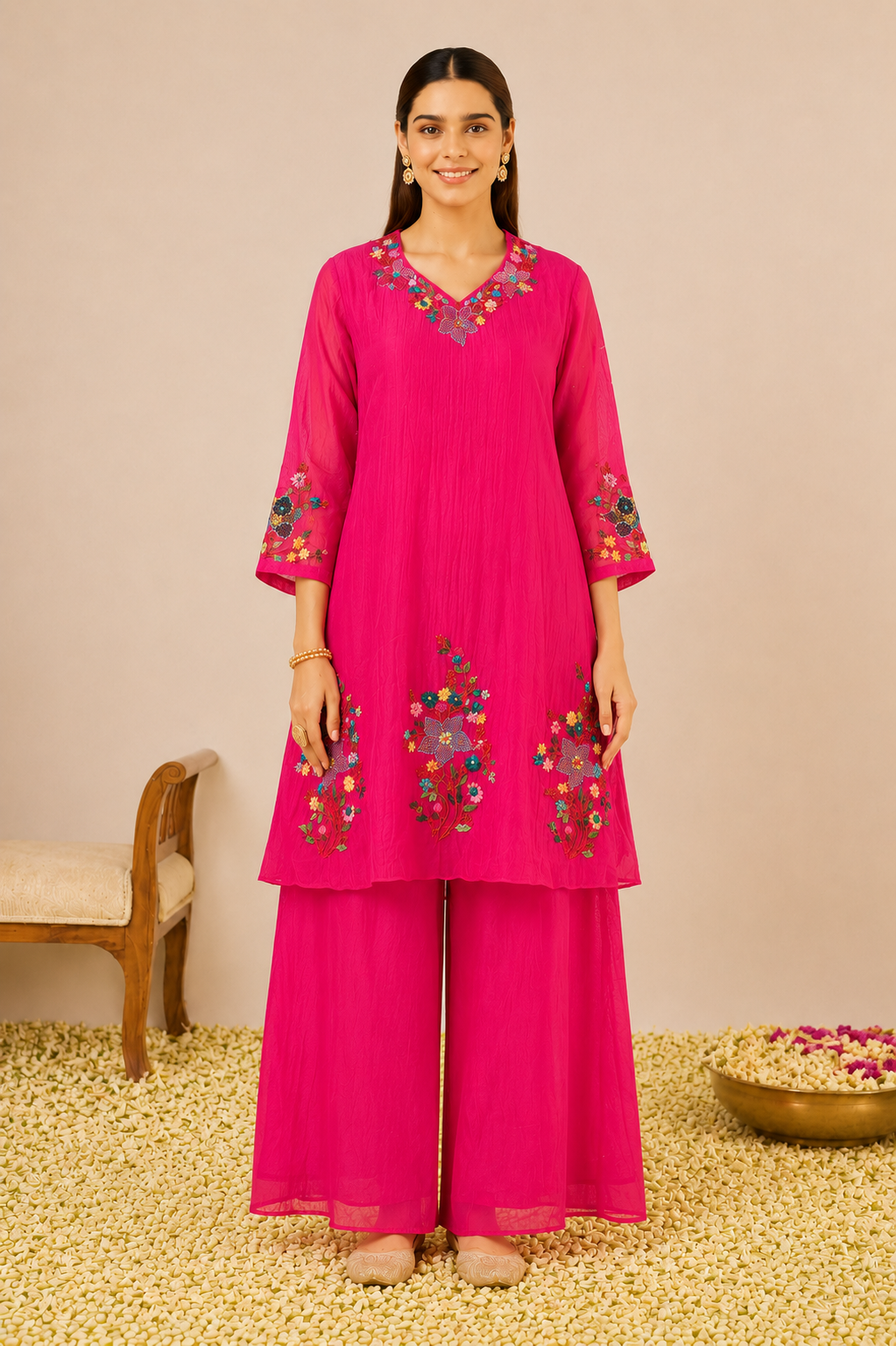 Fuchsia Bloom Hand-Embroidered Mul Chanderi Co-Ord Set