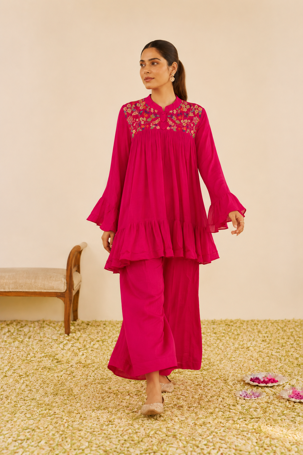 Fuchsia Hand-Embroidered Co-Ord Set