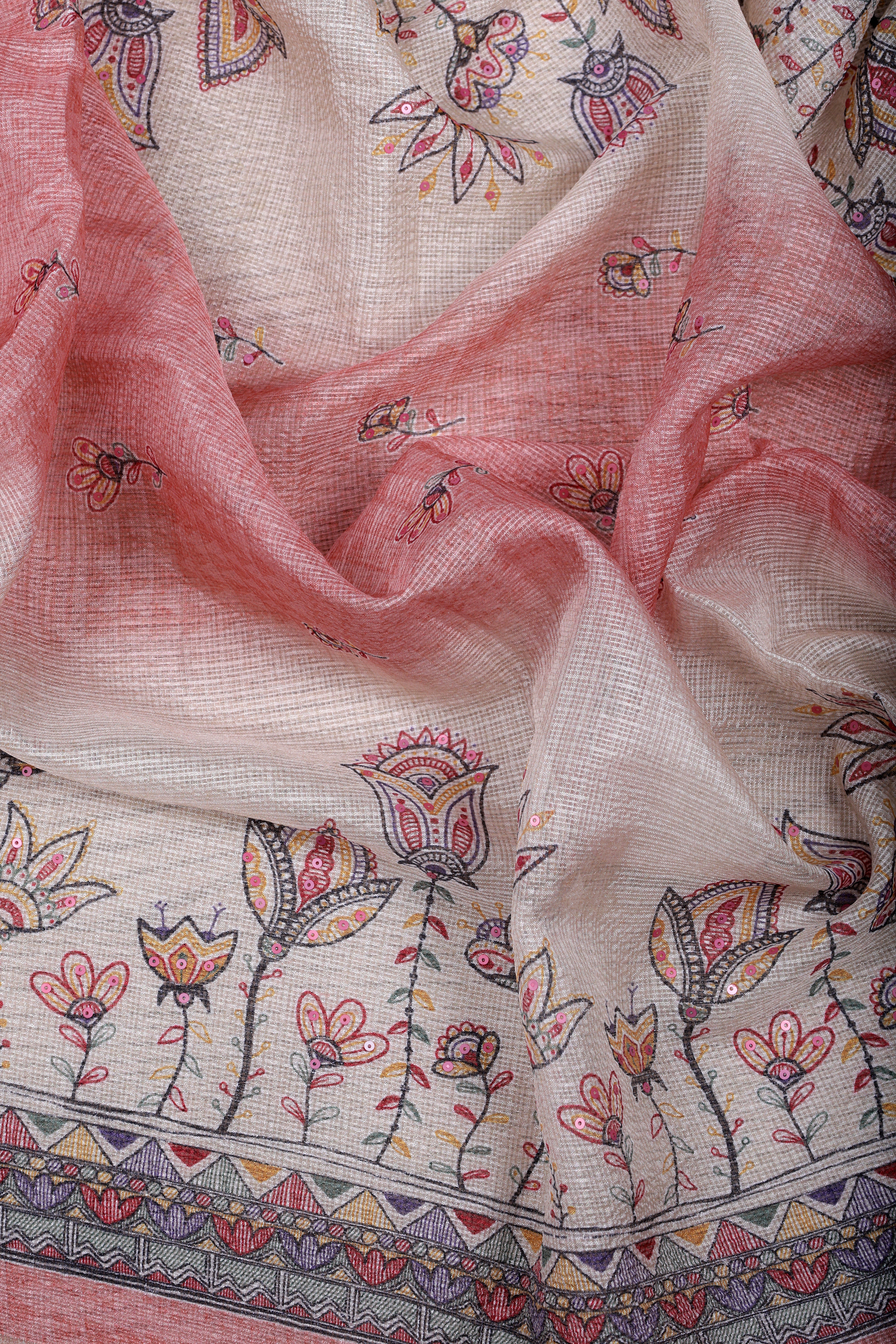 Peach Kota Silk Suit Set with Pearlwork & Kalamkari Dupatta