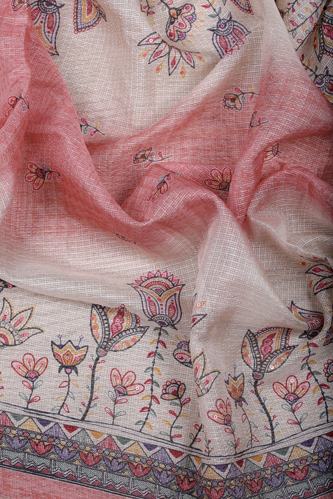 Peach Kota Silk Suit Set with Pearlwork & Kalamkari Dupatta