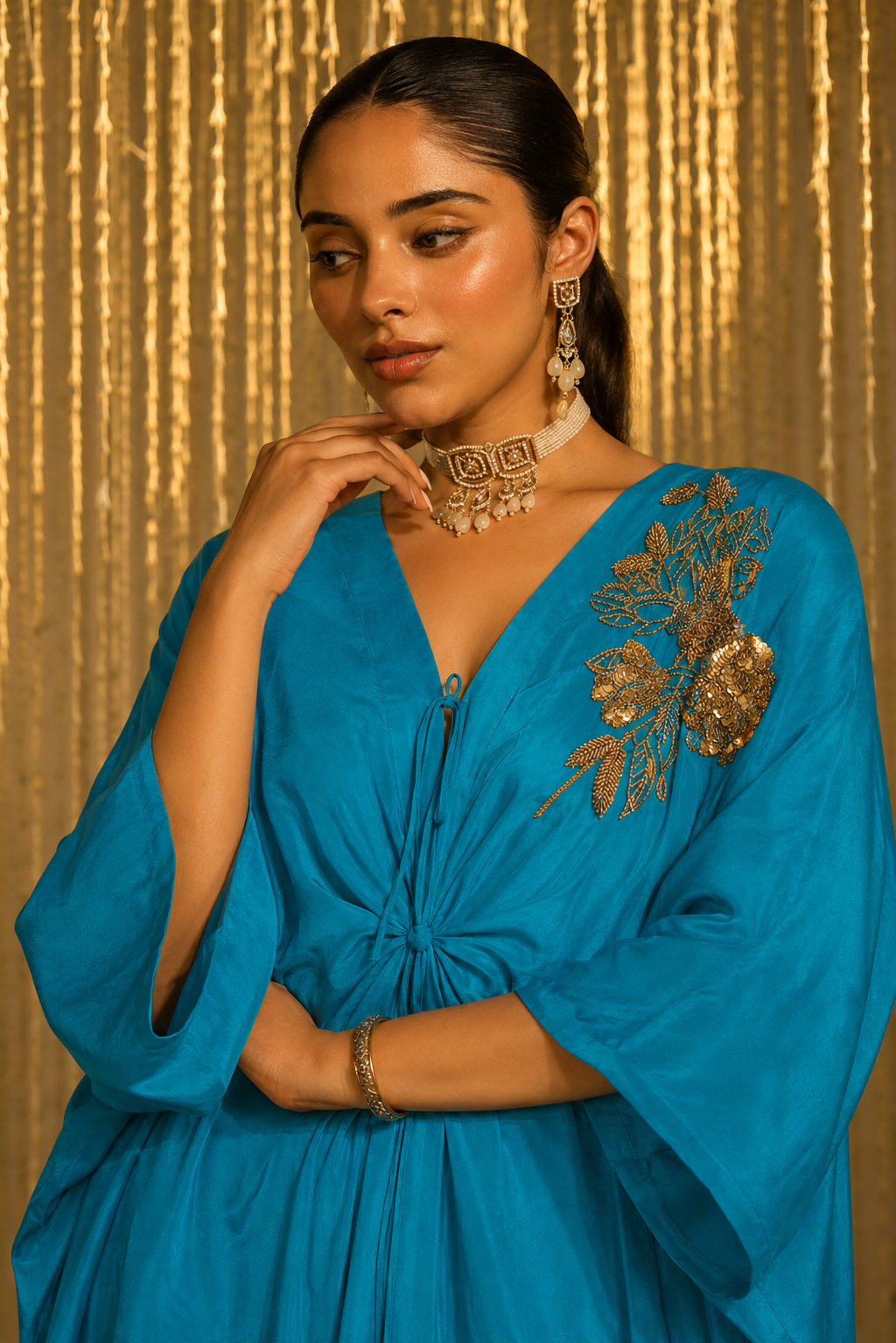 Turquoise Satin Embroidered Kaftan Set