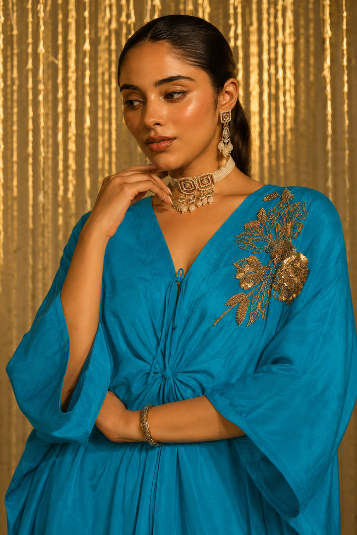 Turquoise Satin Embroidered Kaftan Set