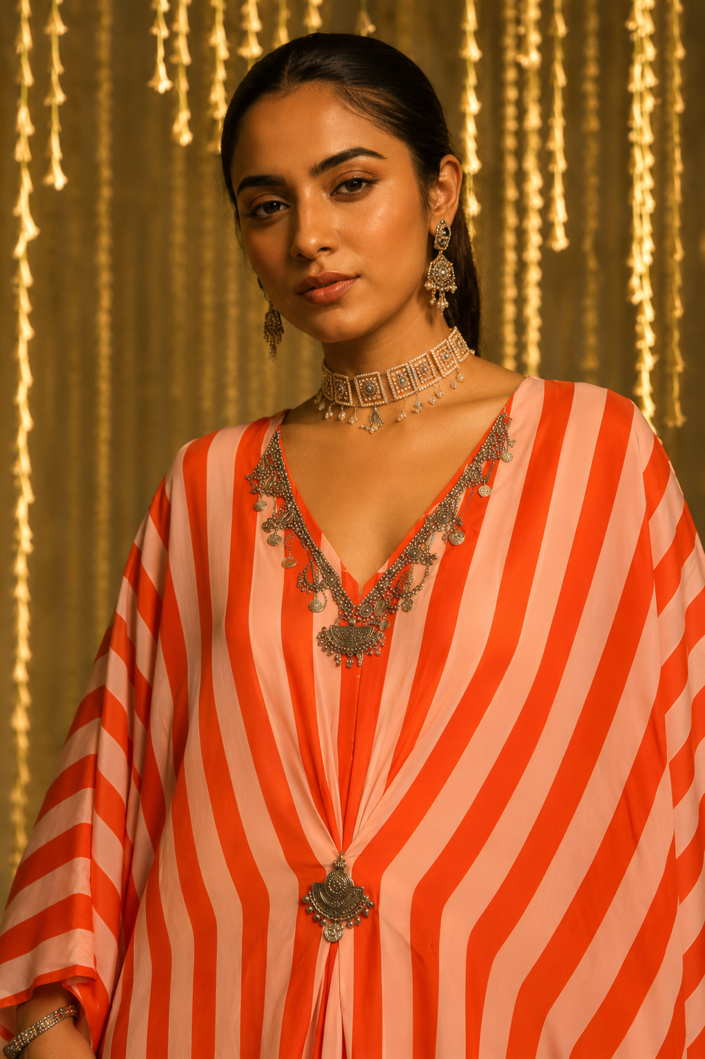 Coral Stripe Statement Kaftan Set