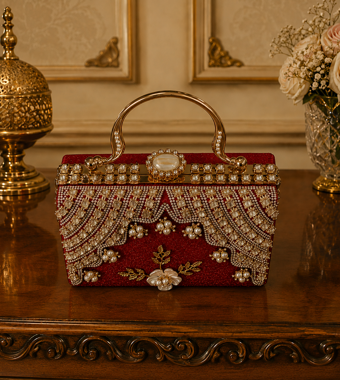 Royal Ruby Pearl Embellished Clutch