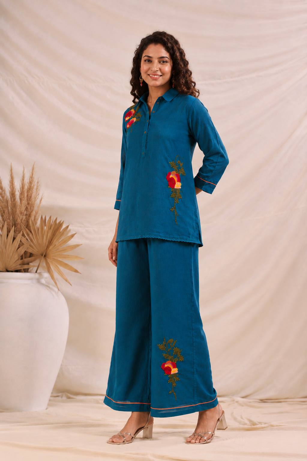 Azure Blossom Mul Chanderi Co-Ord Set