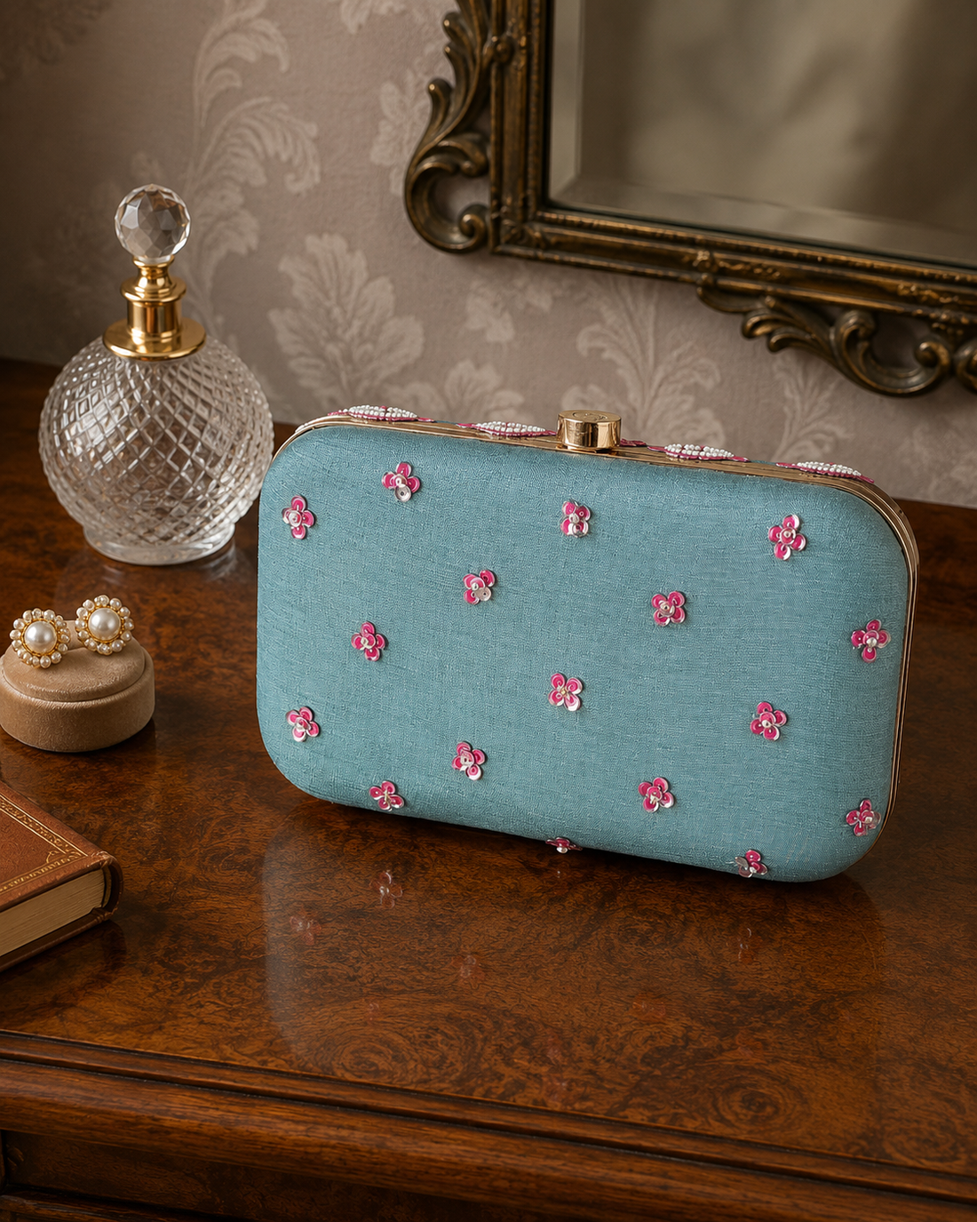 Blue Floral Embroidered Clutch