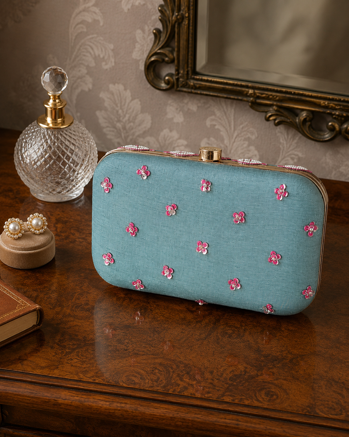 Blue Floral Embroidered Clutch