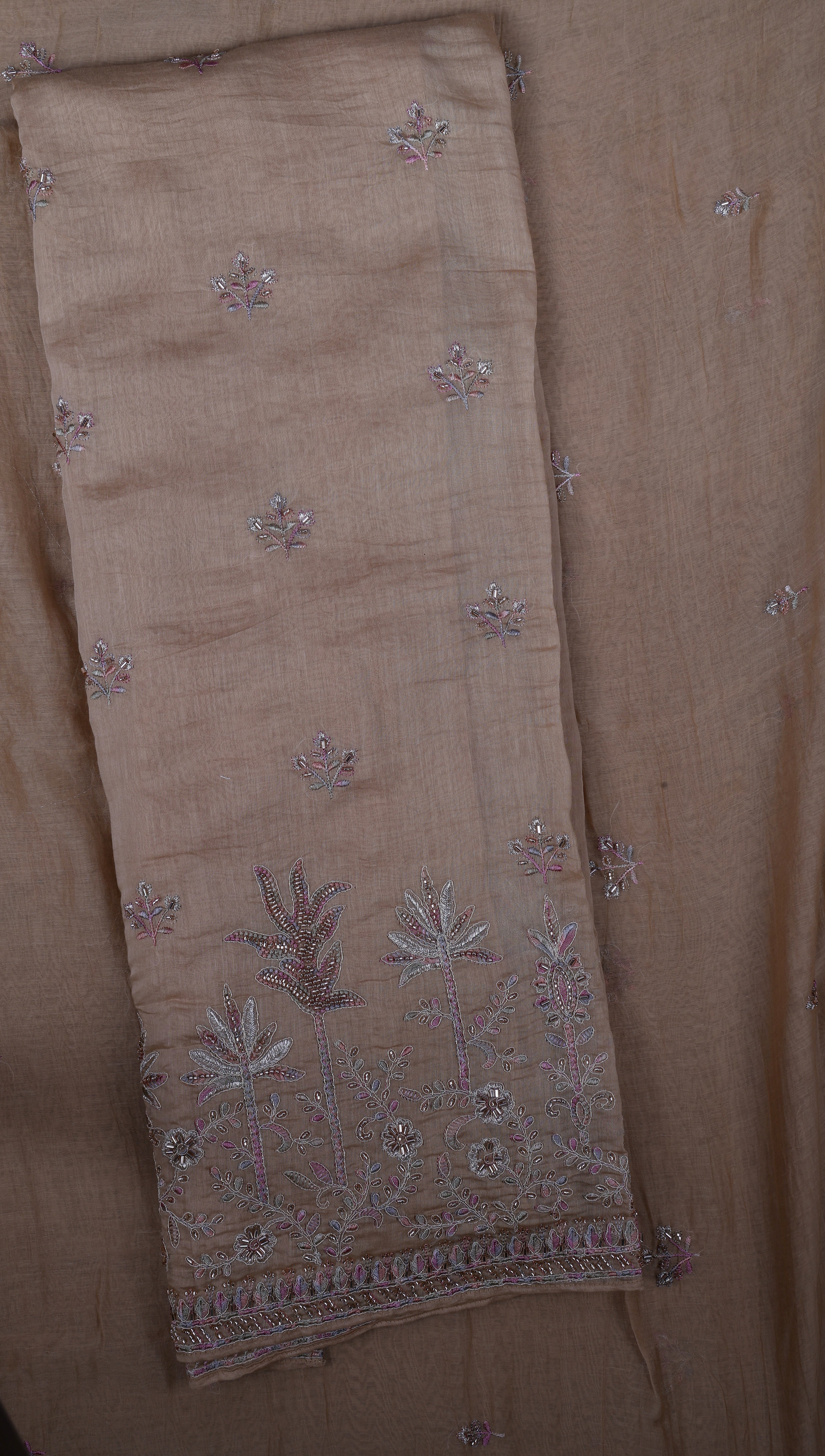 Champagne Beige Chanderi Silk Suit Set with Jardoji Handwork