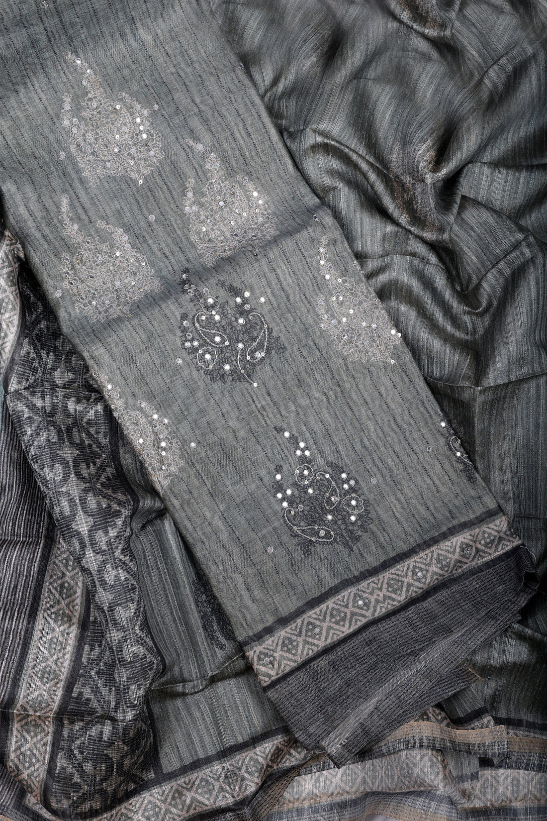 Elegant Grey Handloom Silk Suit Set