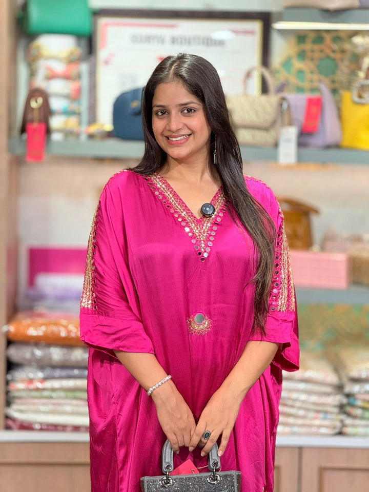 Fuchsia Noor Mirror Work Kaftan Set
