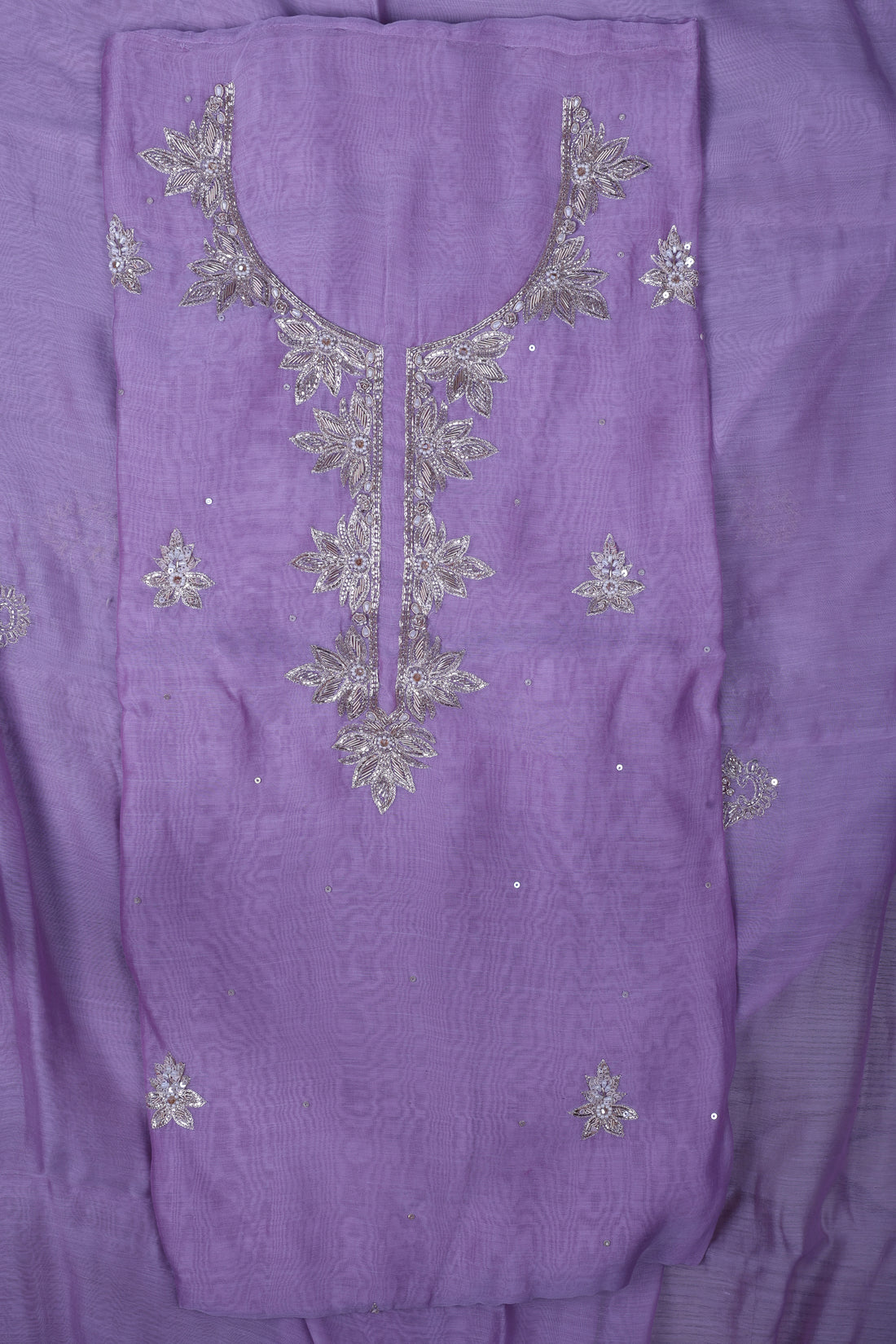 Lavender Chanderi Silk Suit Set with Pearl & Zardozi Handwork