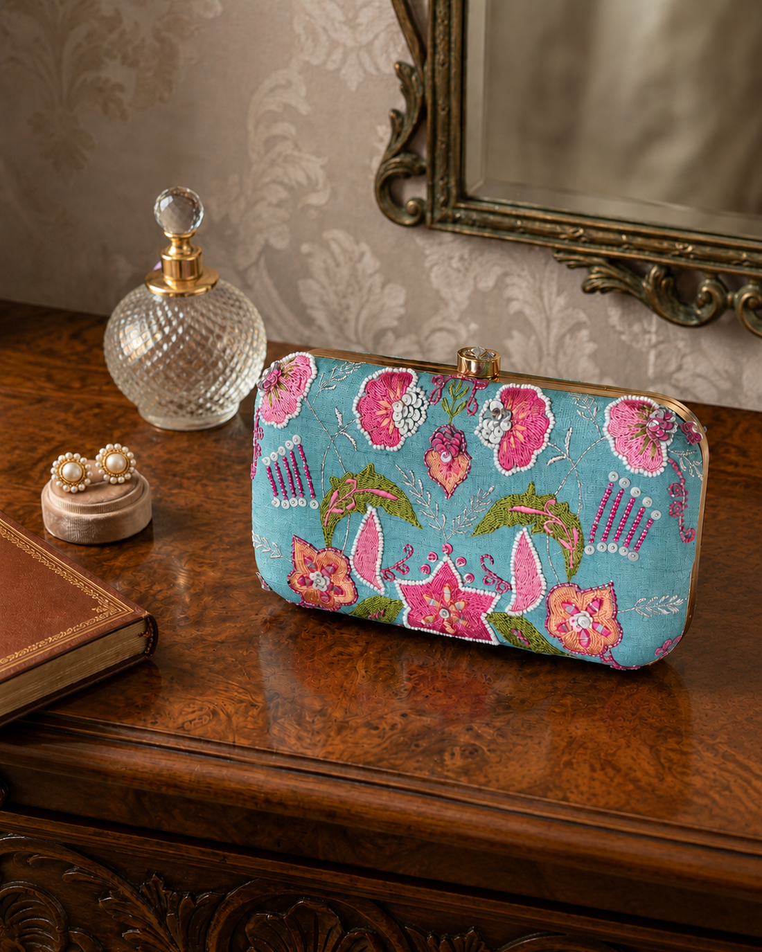 Blue Floral Embroidered Clutch