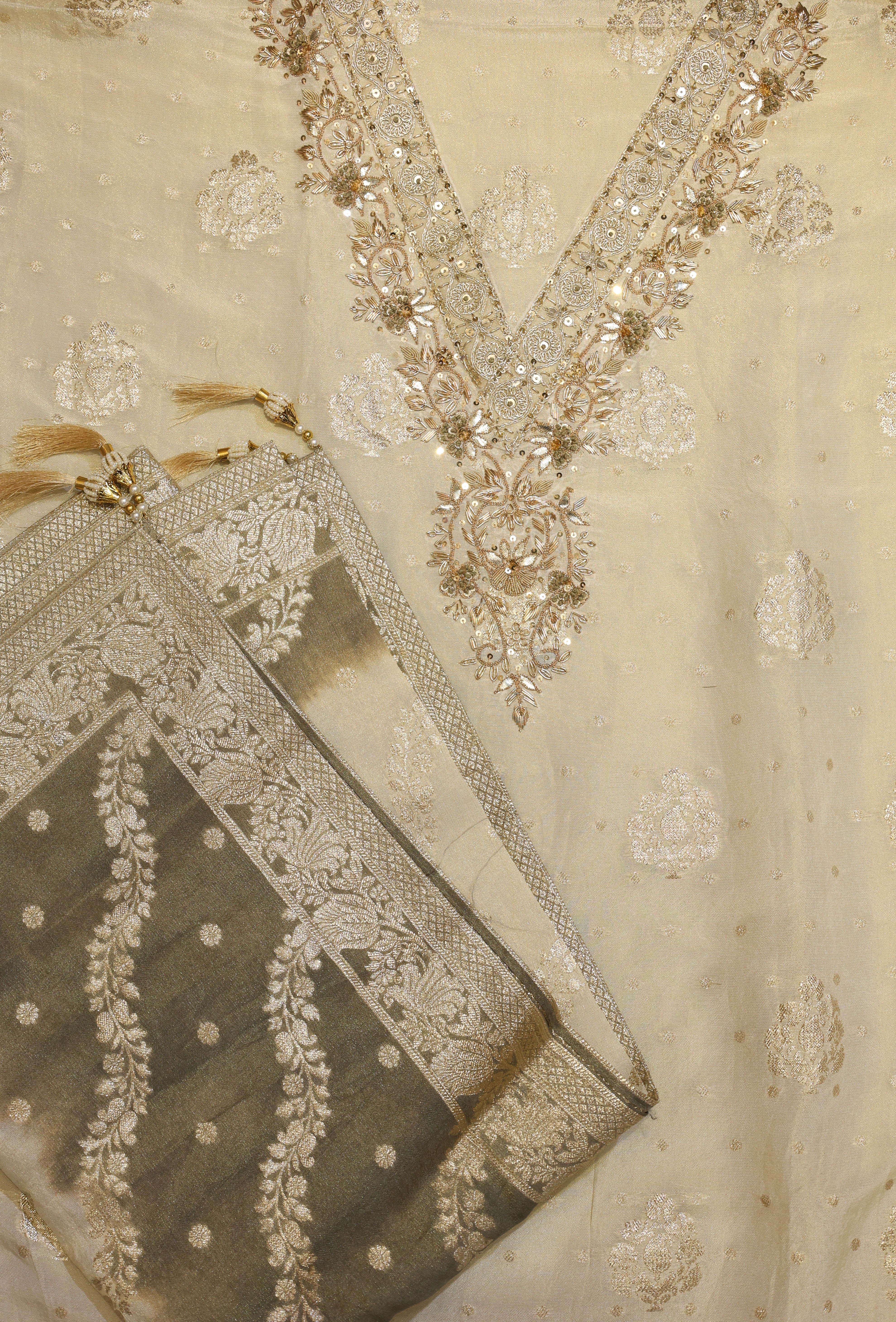 Ivory Banarasi Tissue Suit Set with Zardozi Work