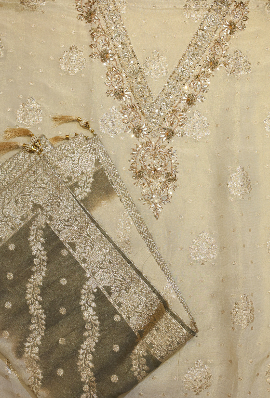 Ivory Banarasi Tissue Suit Set with Zardozi Work