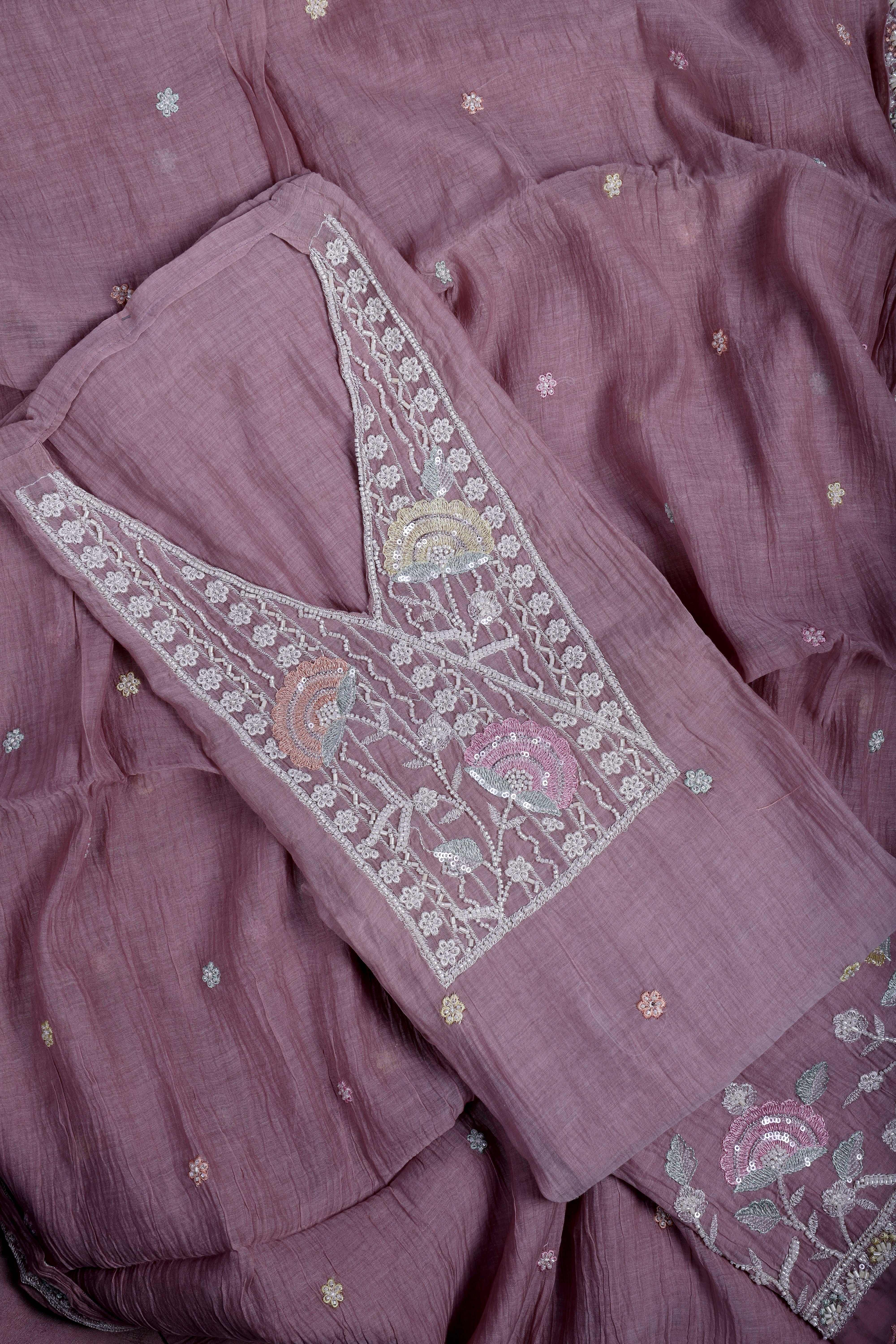 Dusty Mauve Mul Chanderi Suit Set with Handwork & Katdana Detailing